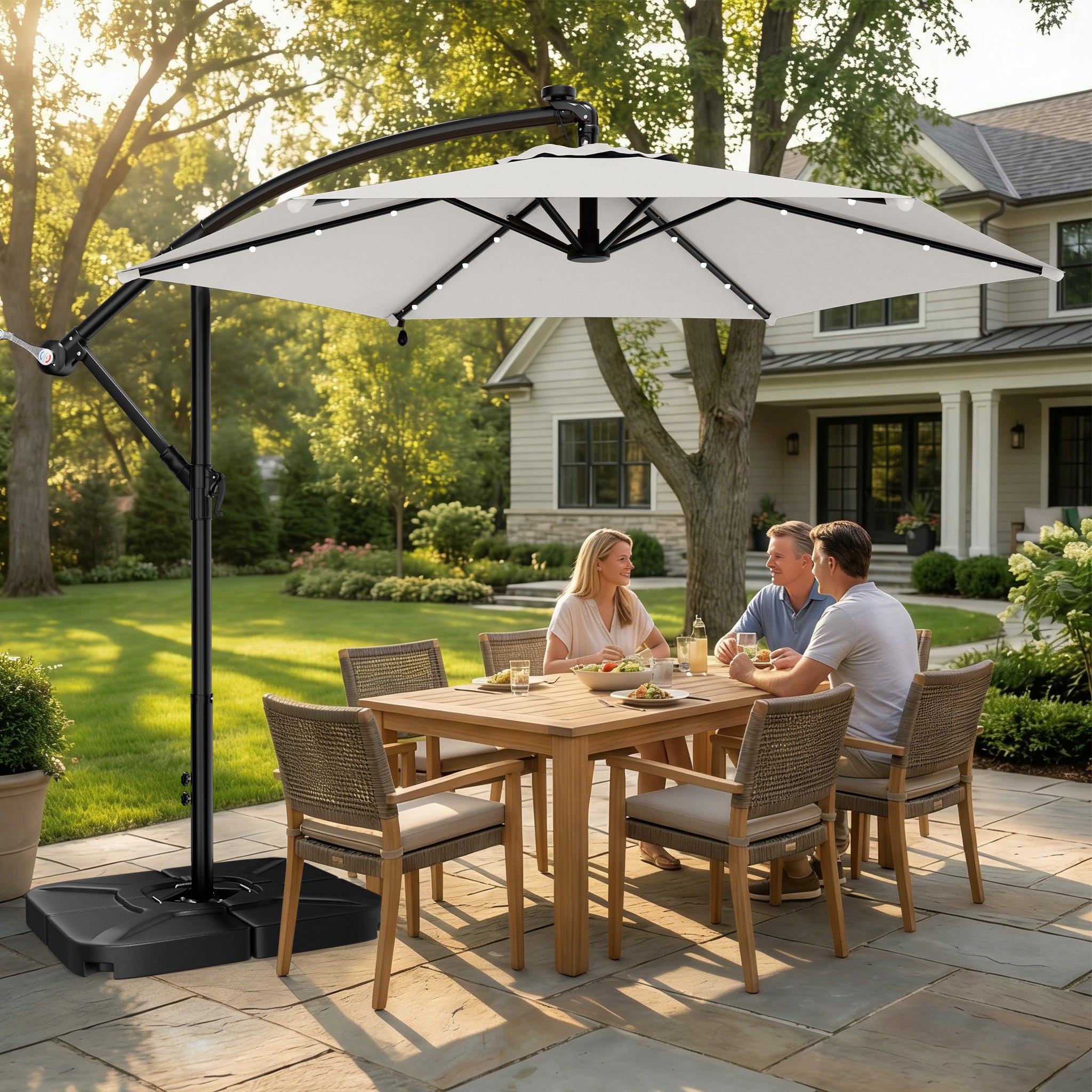 Easthome 10ft Solar LED Offset Hanging Market Patio Umbrella for Backyard, Poolside, Lawn and Garden w/Easy Tilt Adjustment, Polyester Shade, 6 Ribs