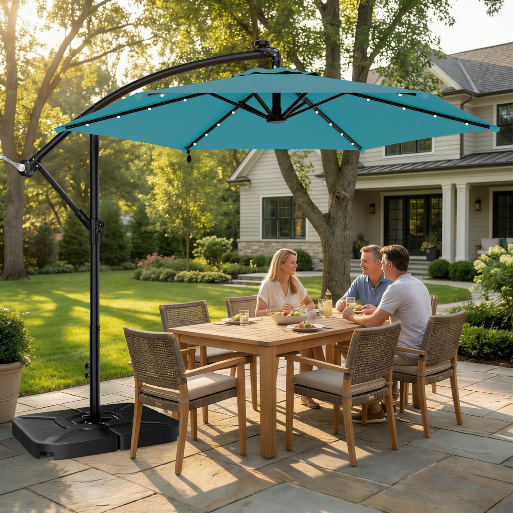 Easthome 10ft Solar LED Offset Hanging Market Patio Umbrella for Backyard, Poolside, Lawn and Garden w/Easy Tilt Adjustment, Polyester Shade, 6 Ribs