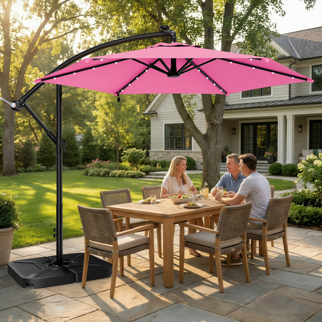 Easthome 10ft Solar LED Offset Hanging Market Patio Umbrella for Backyard, Poolside, Lawn and Garden w/Easy Tilt Adjustment, Polyester Shade, 6 Ribs