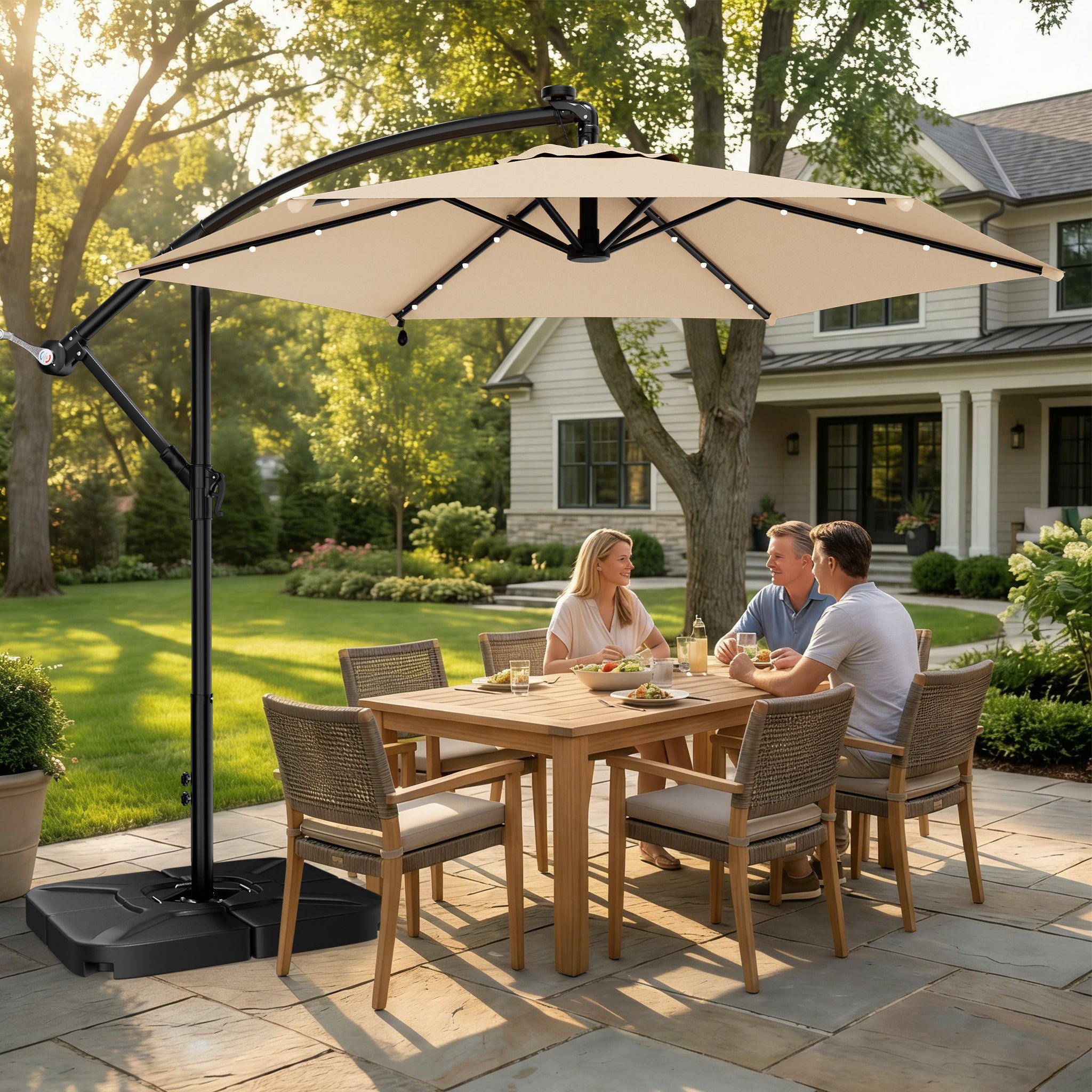 Easthome 10ft Solar LED Offset Hanging Market Patio Umbrella for Backyard, Poolside, Lawn and Garden w/Easy Tilt Adjustment, Polyester Shade, 6 Ribs