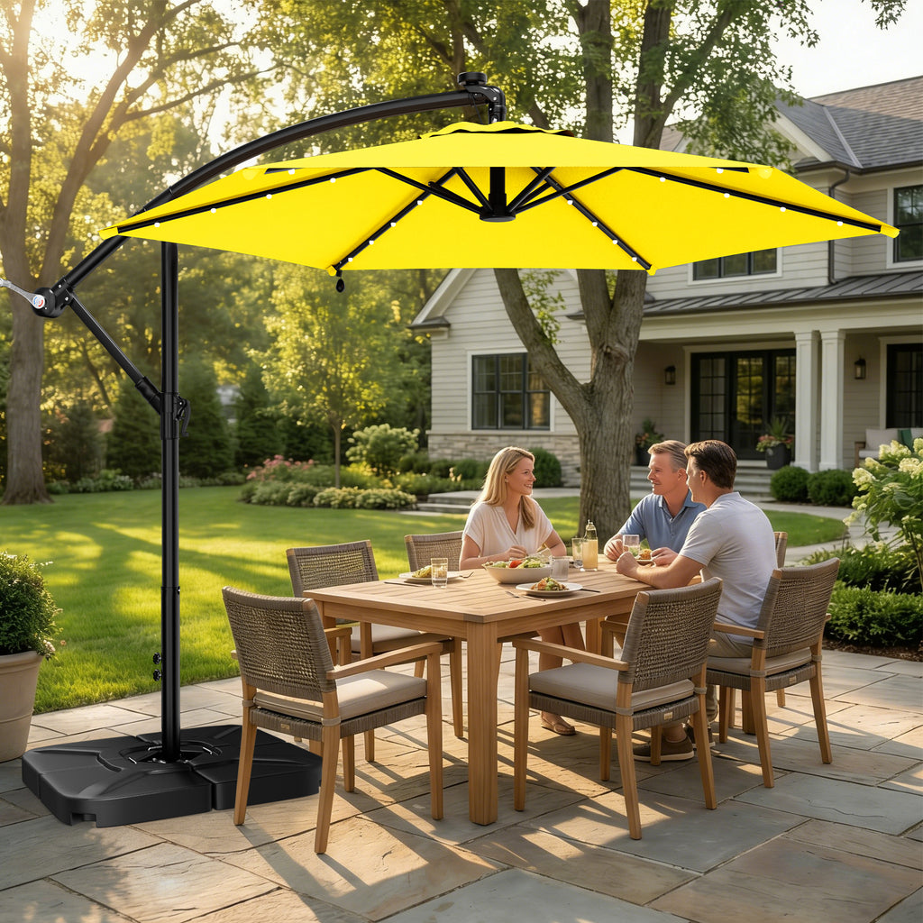 Easthome 10ft Solar LED Offset Hanging Market Patio Umbrella for Backyard, Poolside, Lawn and Garden w/Easy Tilt Adjustment, Polyester Shade, 6 Ribs