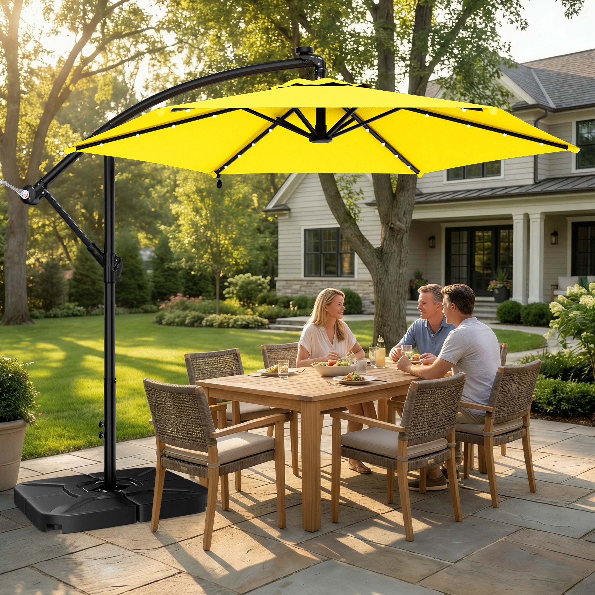 Easthome 10ft Solar LED Offset Hanging Market Patio Umbrella for Backyard, Poolside, Lawn and Garden w/Easy Tilt Adjustment, Polyester Shade, 6 Ribs