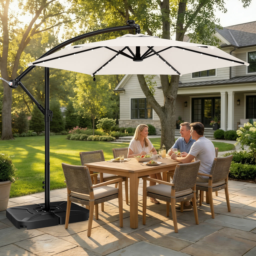 Easthome 10ft Solar LED Offset Hanging Market Patio Umbrella for Backyard, Poolside, Lawn and Garden w/Easy Tilt Adjustment, Polyester Shade, 6 Ribs