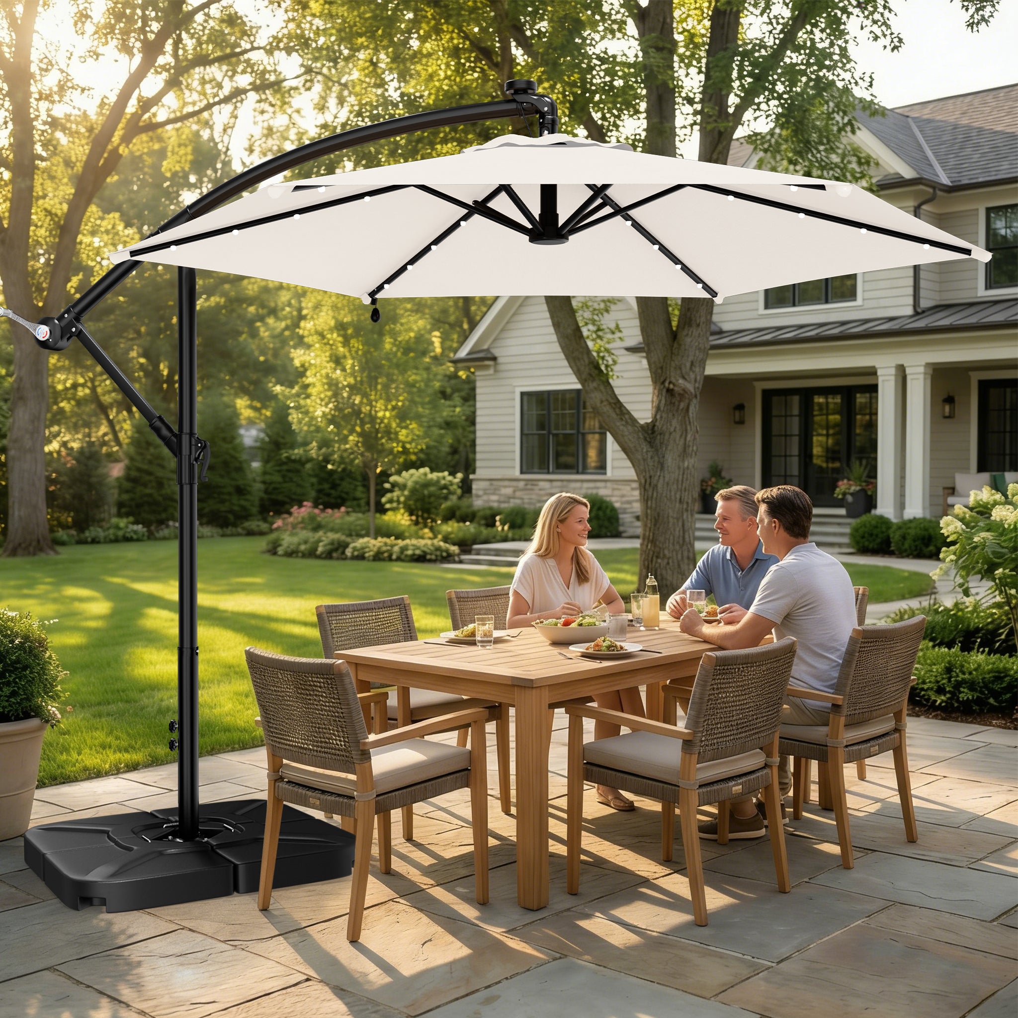 Easthome 10ft Solar LED Offset Hanging Market Patio Umbrella for Backyard, Poolside, Lawn and Garden w/Easy Tilt Adjustment, Polyester Shade, 6 Ribs
