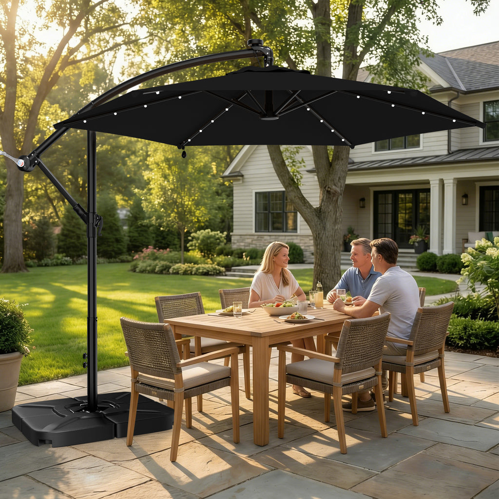 Easthome 10ft Solar LED Offset Hanging Market Patio Umbrella for Backyard, Poolside, Lawn and Garden w/Easy Tilt Adjustment, Polyester Shade, 6 Ribs