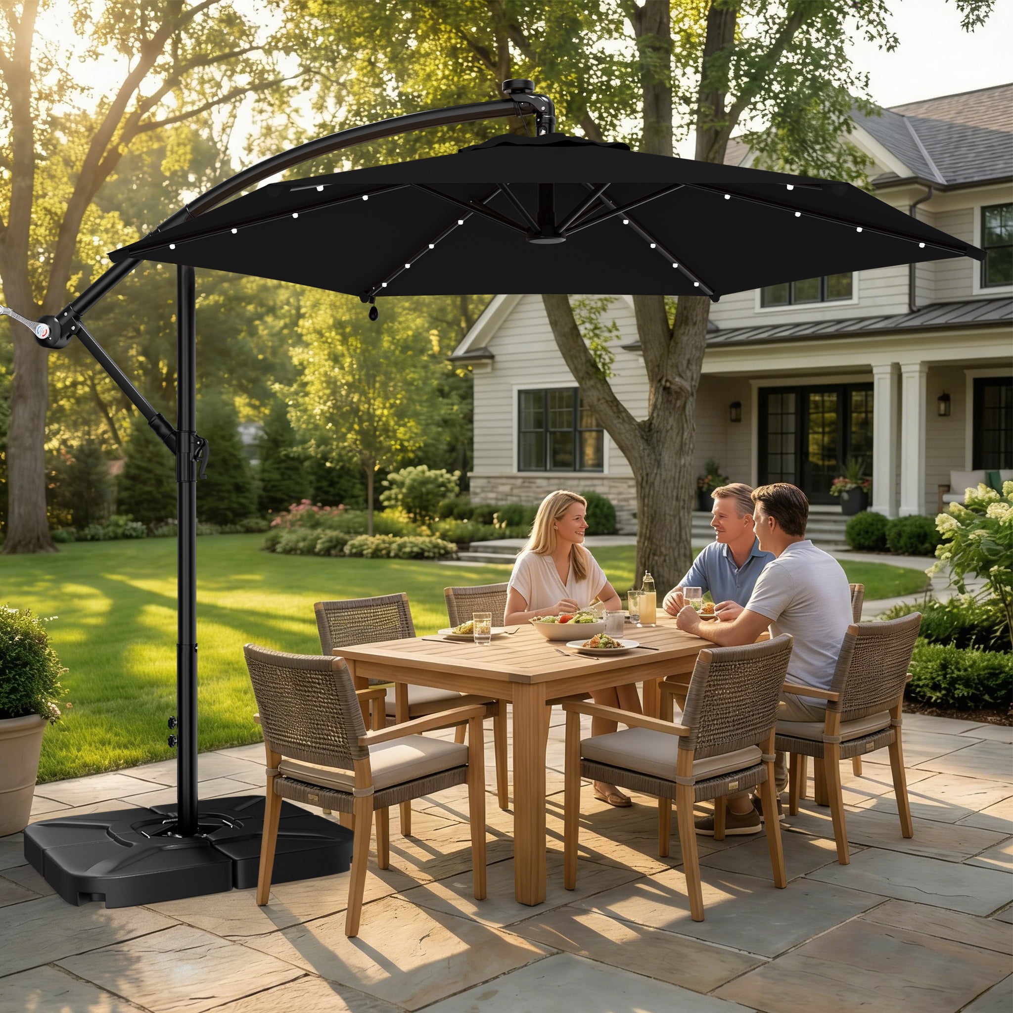 Easthome 10ft Solar LED Offset Hanging Market Patio Umbrella for Backyard, Poolside, Lawn and Garden w/Easy Tilt Adjustment, Polyester Shade, 6 Ribs