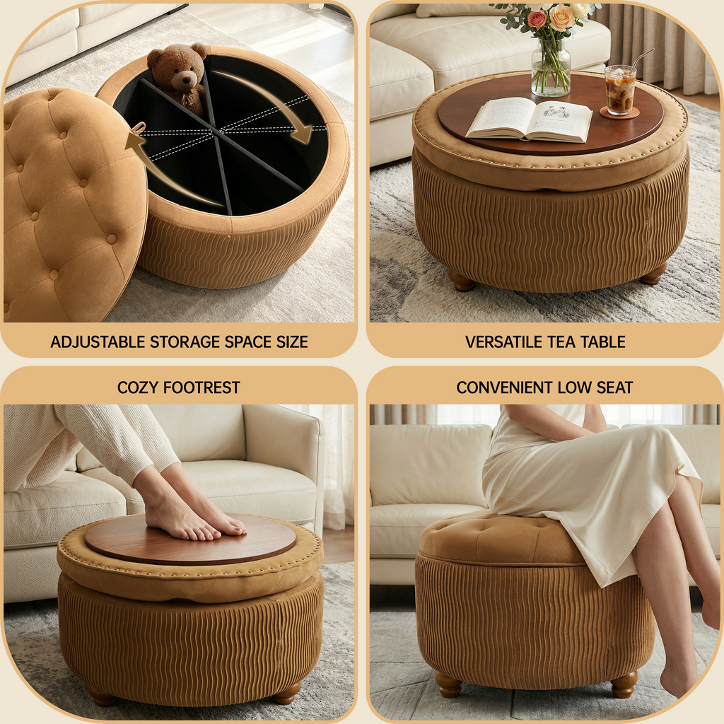 Easthome Round Storage Ottoman, Divided Compartment, Removable Top, Solid Wood Gourd-Shaped Legs, Button Tufted Multi-Function Footrest Bench for Living Room, Bedroom