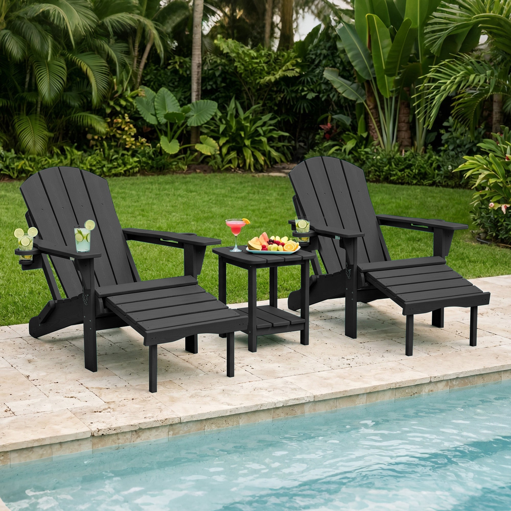 Easthome 4-in-1 Folding Adirondack Rocking Chair with Ottoman & Dual Cup Holders, Wood Texture HDPE All-Weather Outdoor Lounge Chair for Patio, Backyard, Pool