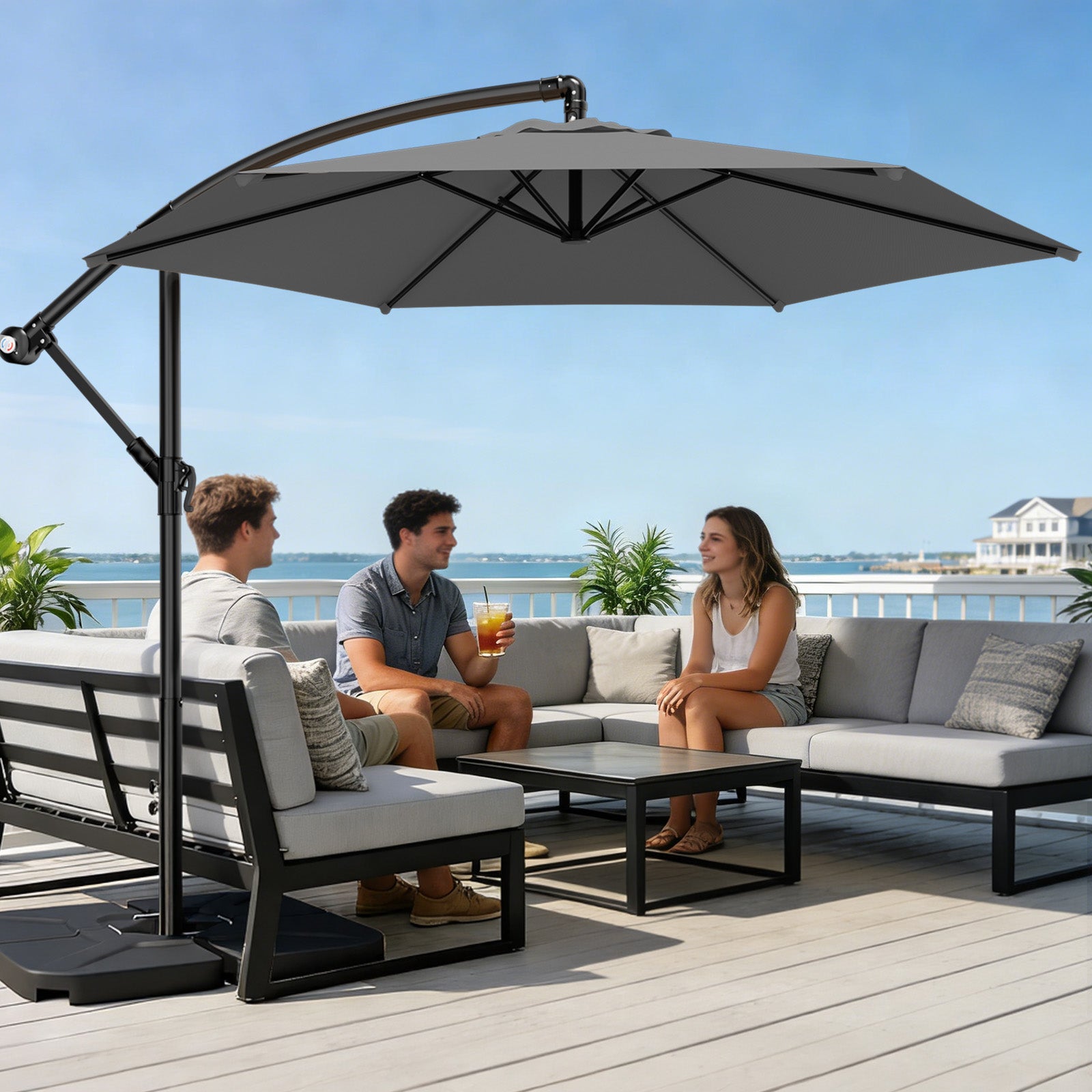 Easthome 10ft Offset Hanging Market Patio Umbrella for Backyard, Poolside, Lawn and Garden w/Easy Tilt Adjustment, Polyester Shade, 6 Ribs