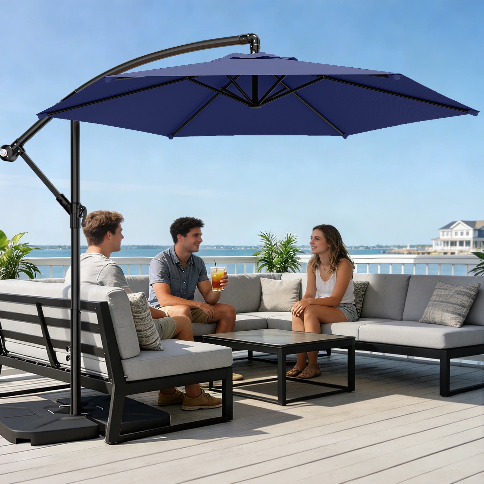 Easthome 10ft Offset Hanging Market Patio Umbrella for Backyard, Poolside, Lawn and Garden w/Easy Tilt Adjustment, Polyester Shade, 6 Ribs