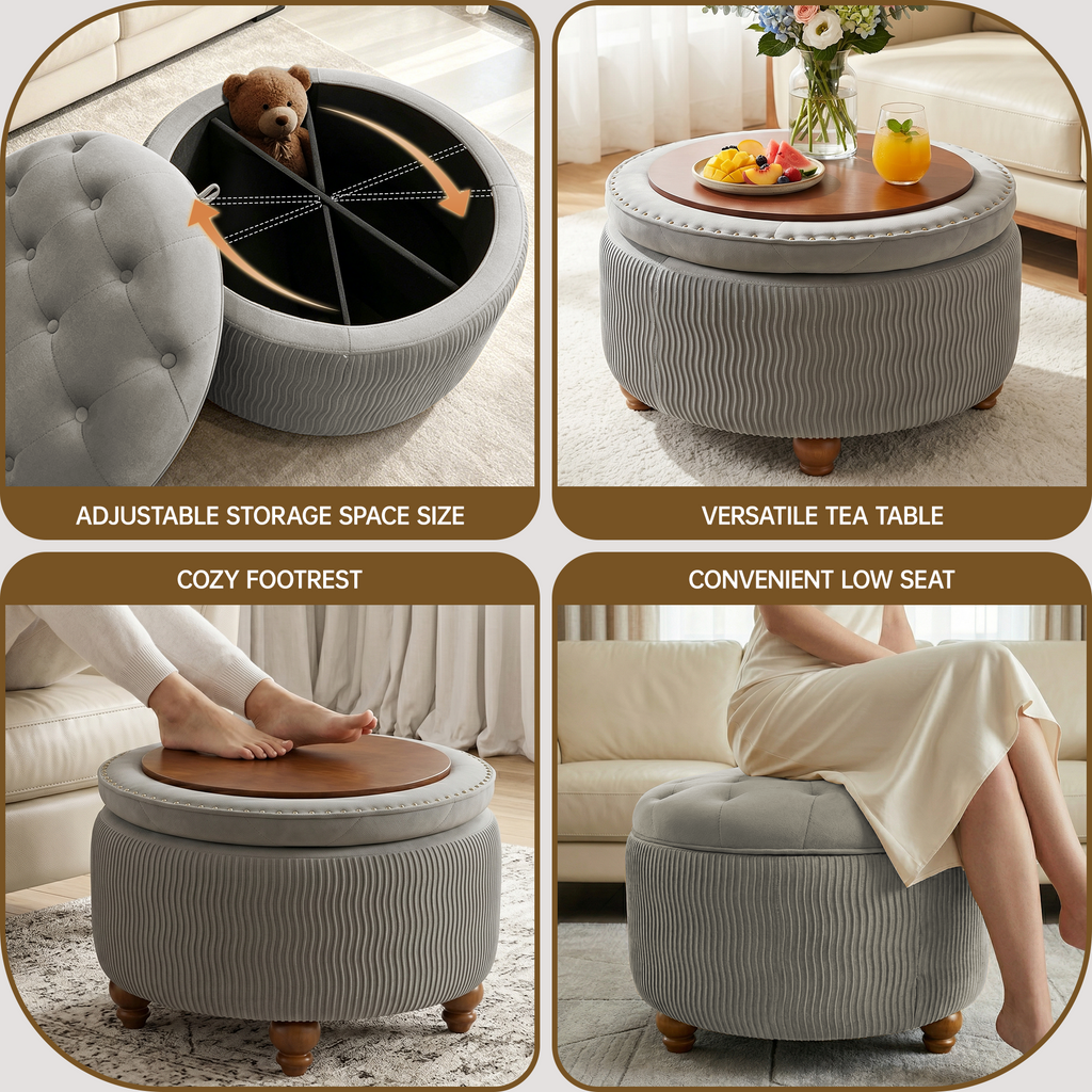 Easthome Round Storage Ottoman, Divided Compartment, Removable Top, Solid Wood Gourd-Shaped Legs, Button Tufted Multi-Function Footrest Bench for Living Room, Bedroom