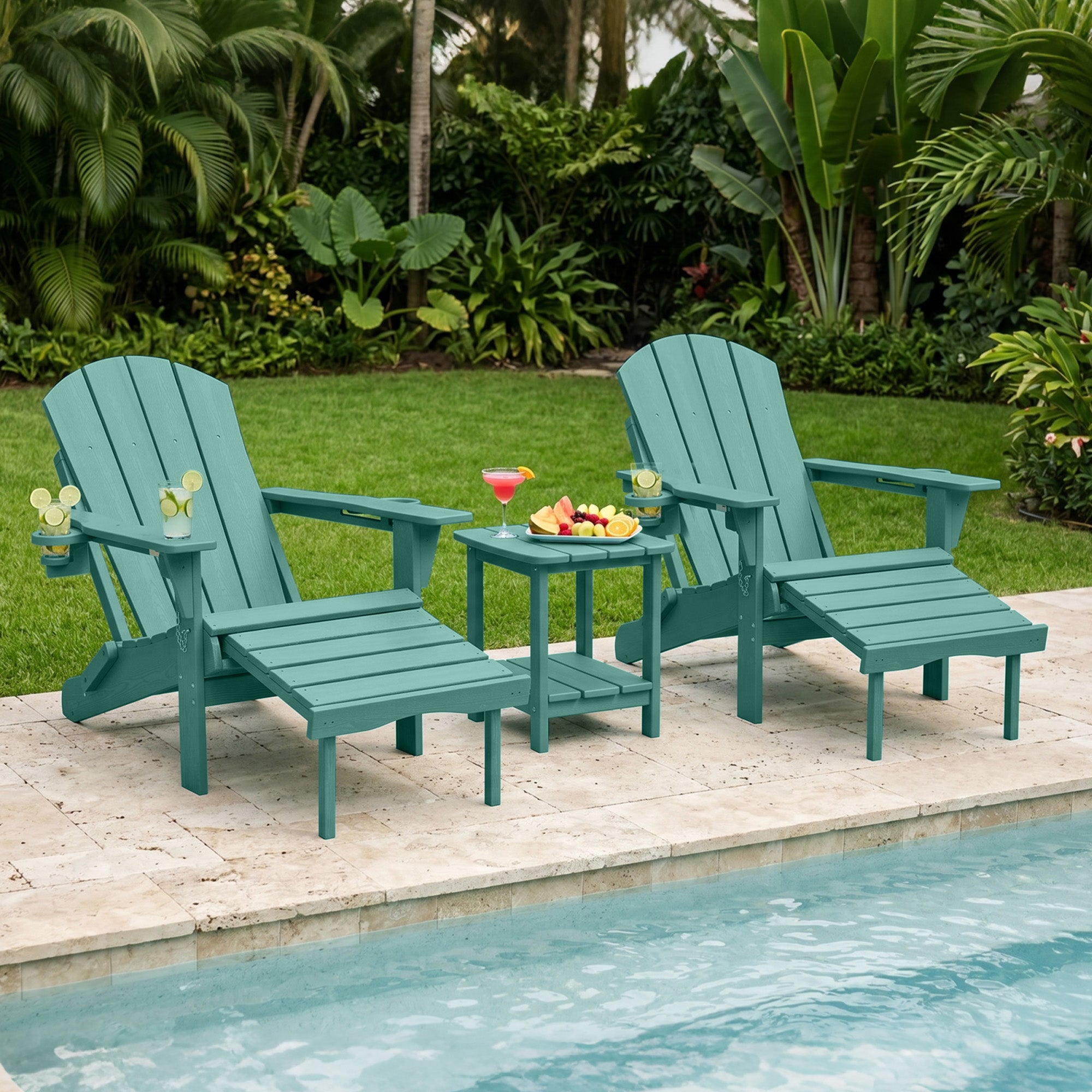Easthome 4-in-1 Folding Adirondack Rocking Chair with Ottoman & Dual Cup Holders, Wood Texture HDPE All-Weather Outdoor Lounge Chair for Patio, Backyard, Pool