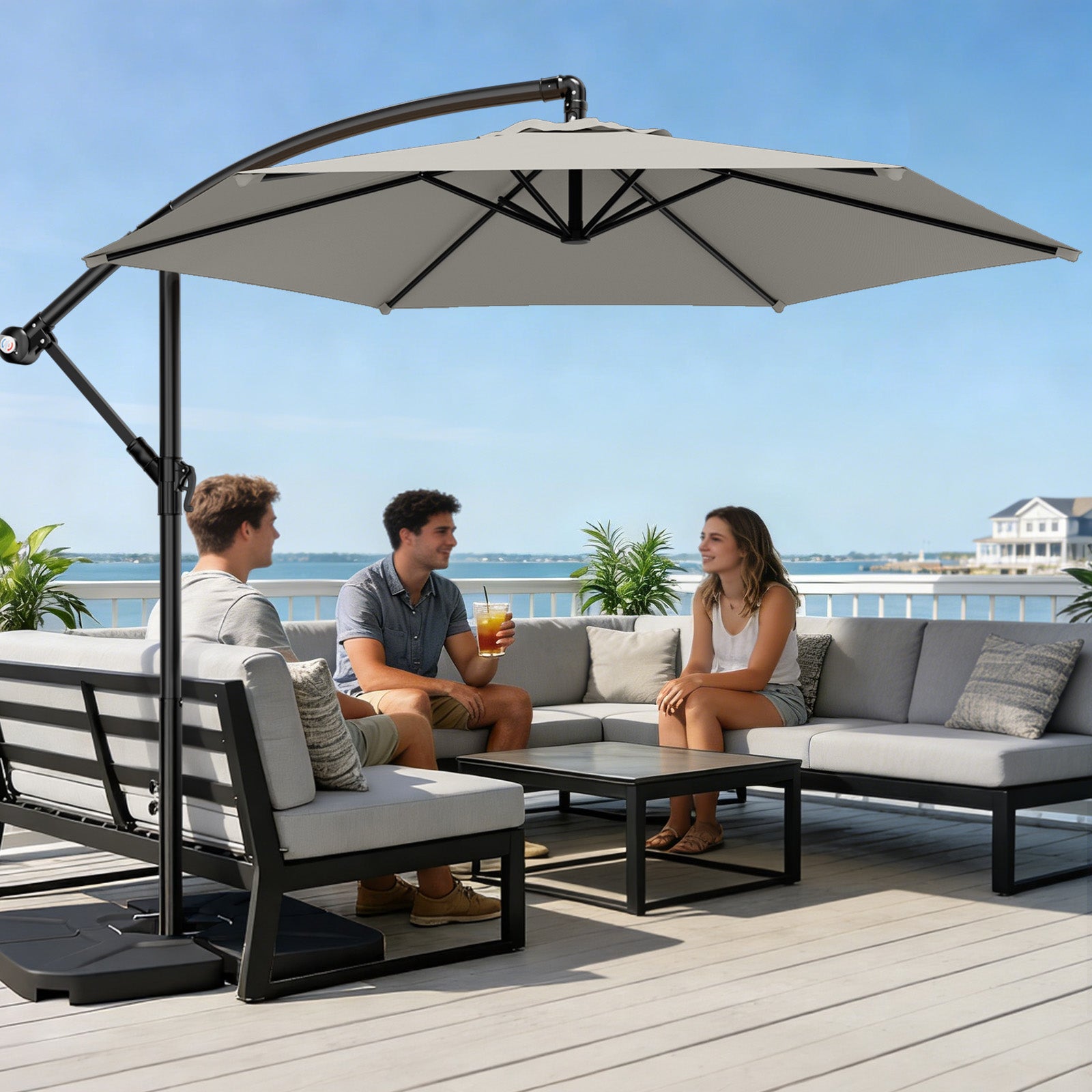 Easthome 10ft Offset Hanging Market Patio Umbrella for Backyard, Poolside, Lawn and Garden w/Easy Tilt Adjustment, Polyester Shade, 6 Ribs