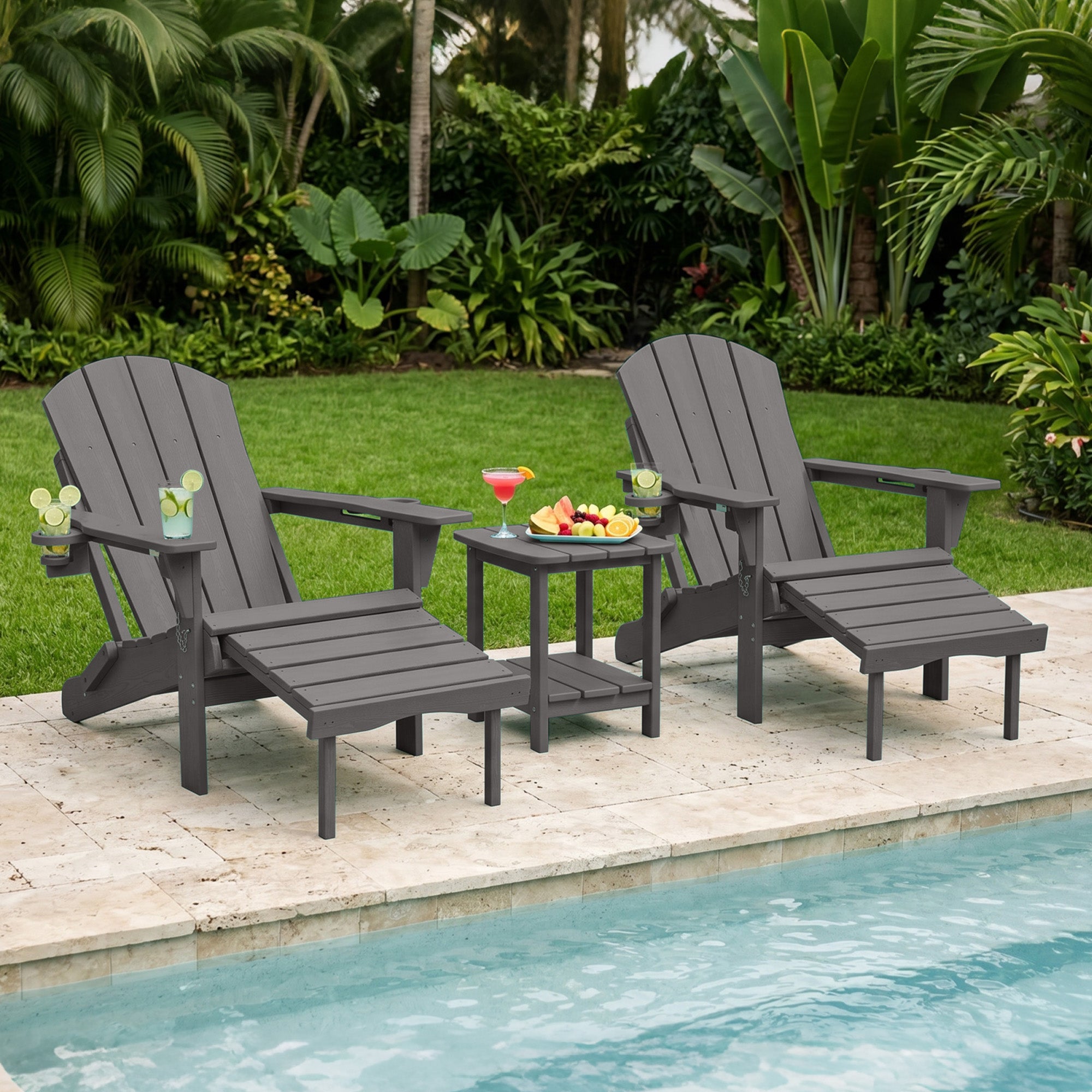 Easthome 4-in-1 Folding Adirondack Rocking Chair with Ottoman & Dual Cup Holders, Wood Texture HDPE All-Weather Outdoor Lounge Chair for Patio, Backyard, Pool