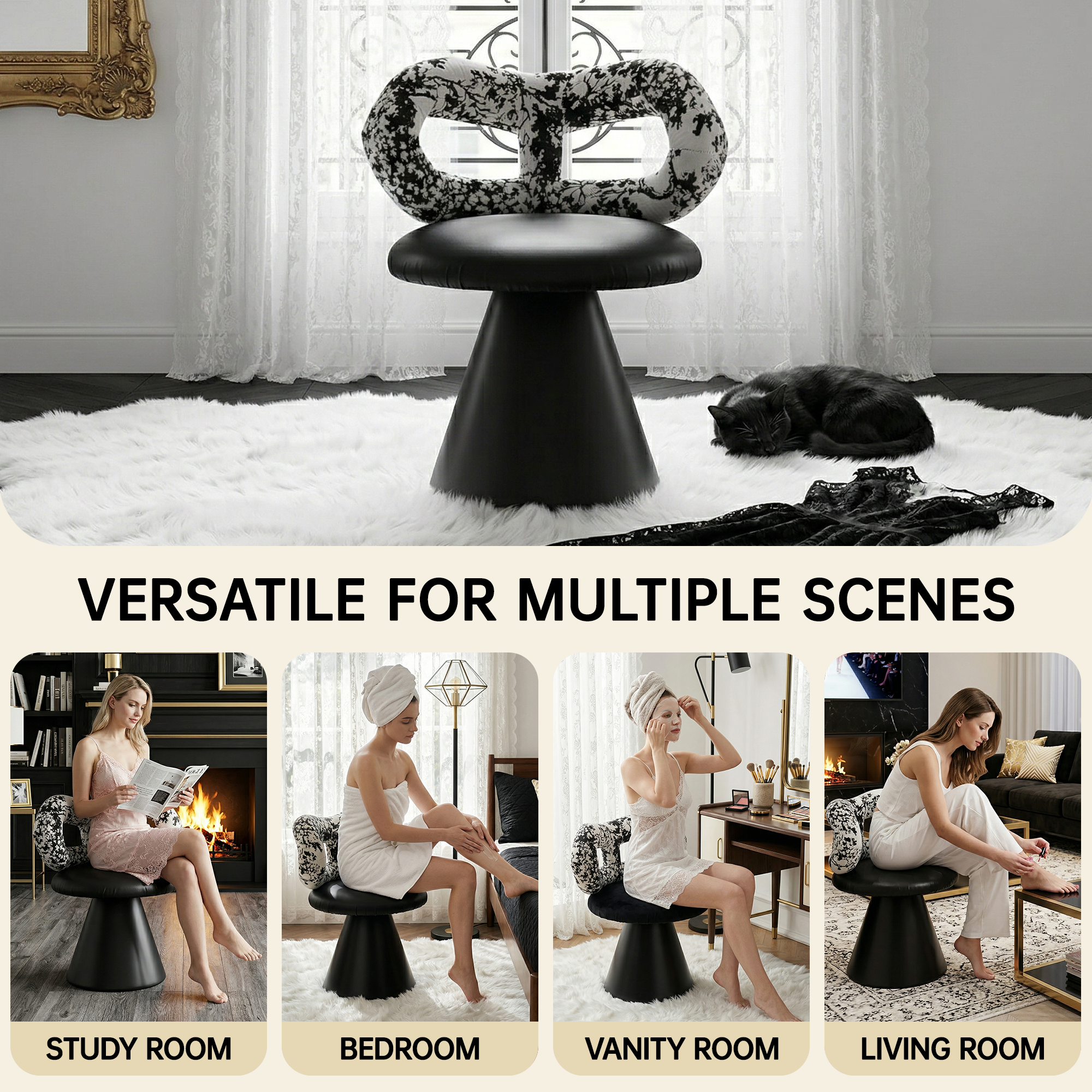 Easthome 360°Swivel Vanity Stool, Stain-Proof, Waterproof Round Bowtie Back Makeup Chair for Bedroom, Living Room, Vanity Room, Study