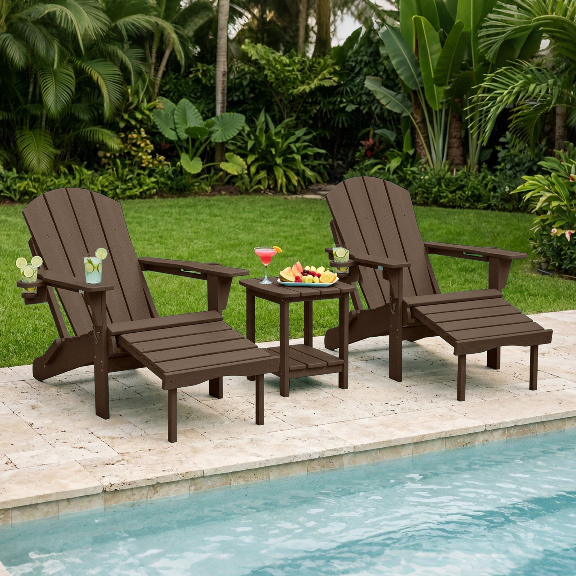 Easthome 4-in-1 Folding Adirondack Rocking Chair with Ottoman & Dual Cup Holders, Wood Texture HDPE All-Weather Outdoor Lounge Chair for Patio, Backyard, Pool