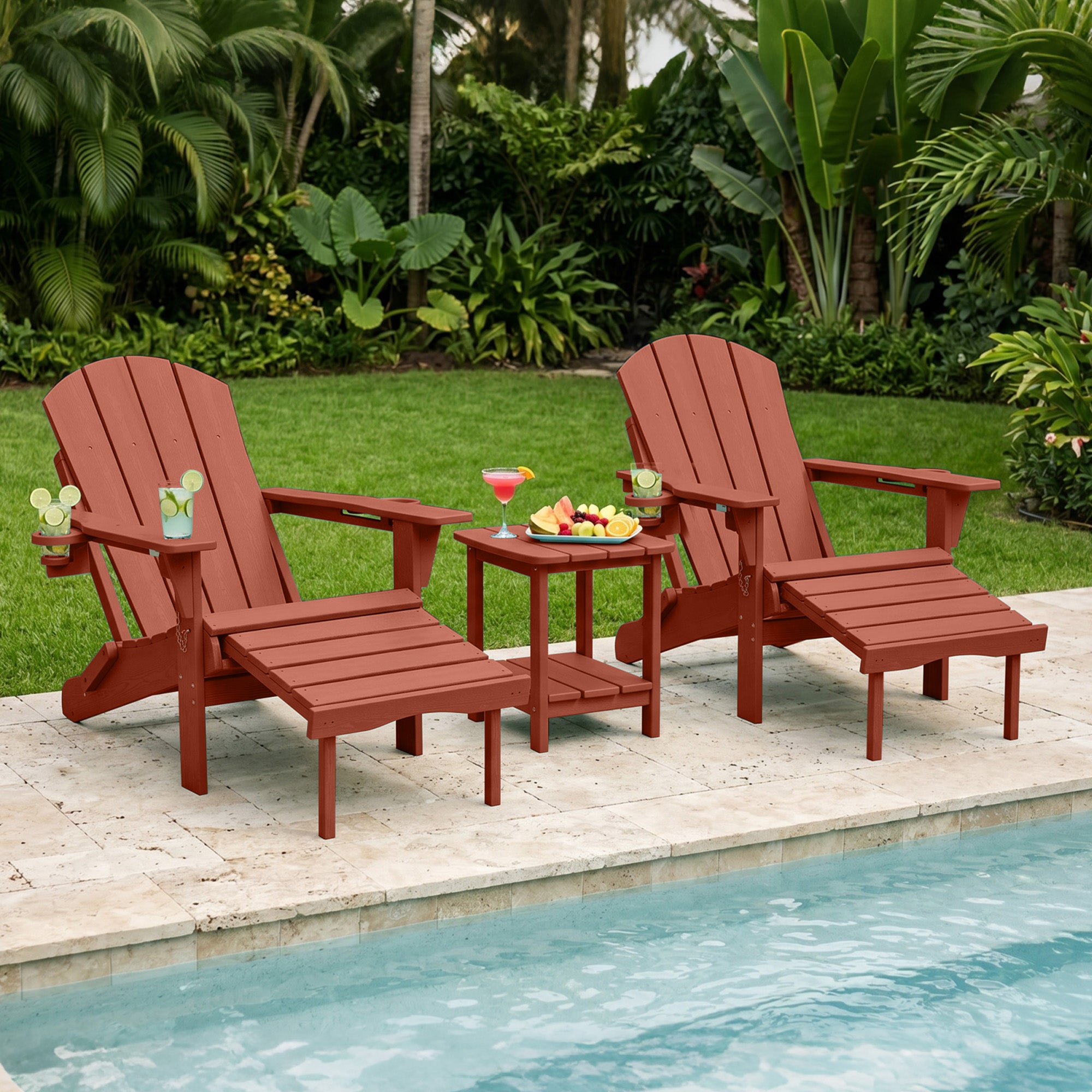Easthome 4-in-1 Folding Adirondack Rocking Chair with Ottoman & Dual Cup Holders, Wood Texture HDPE All-Weather Outdoor Lounge Chair for Patio, Backyard, Pool
