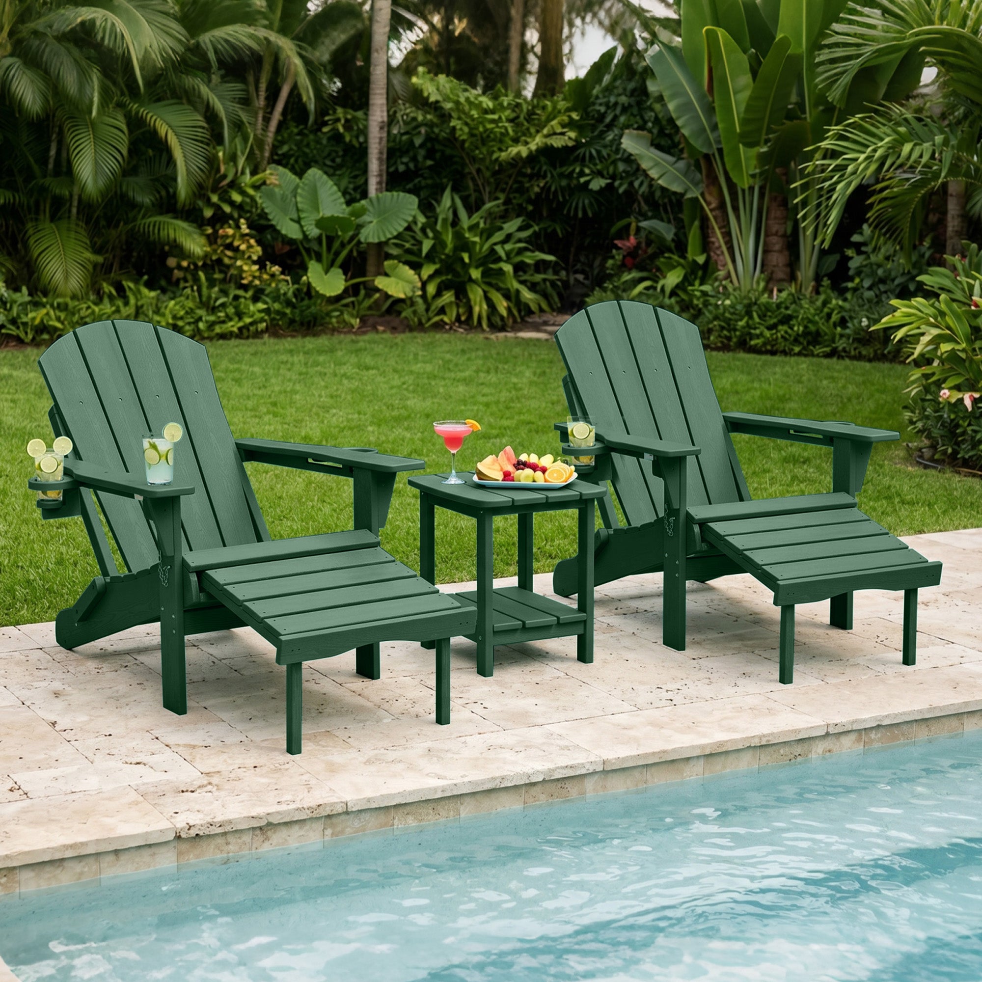 Easthome 4-in-1 Folding Adirondack Rocking Chair with Ottoman & Dual Cup Holders, Wood Texture HDPE All-Weather Outdoor Lounge Chair for Patio, Backyard, Pool