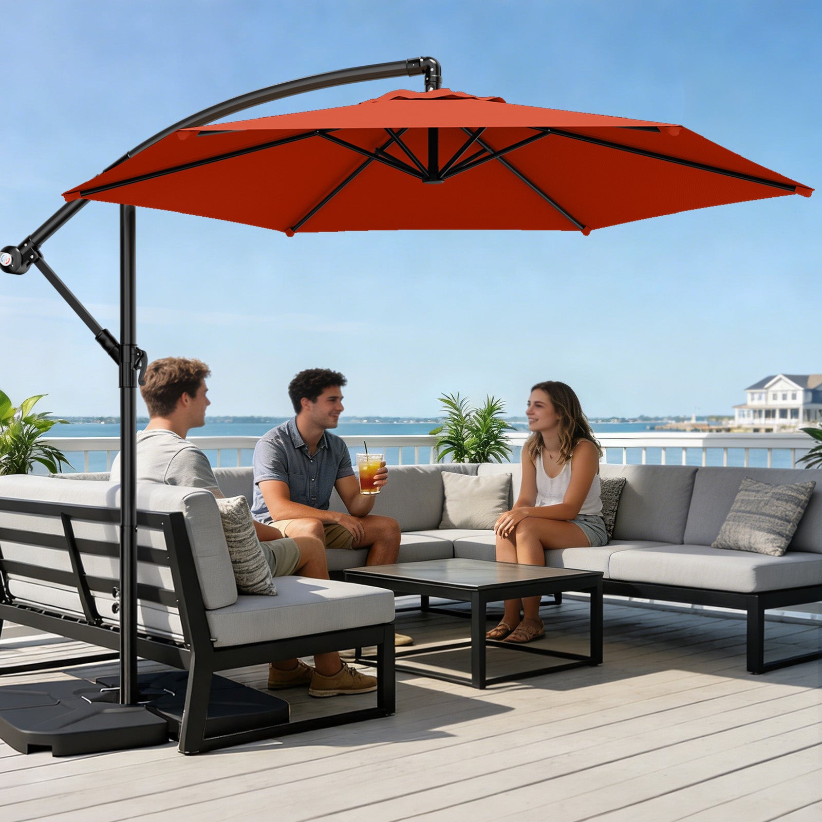 Easthome 10ft Offset Hanging Market Patio Umbrella for Backyard, Poolside, Lawn and Garden w/Easy Tilt Adjustment, Polyester Shade, 6 Ribs