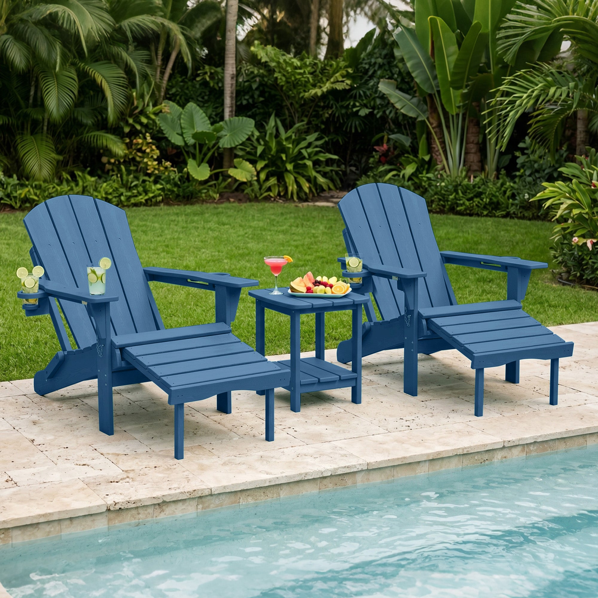 Easthome 4-in-1 Folding Adirondack Rocking Chair with Ottoman & Dual Cup Holders, Wood Texture HDPE All-Weather Outdoor Lounge Chair for Patio, Backyard, Pool