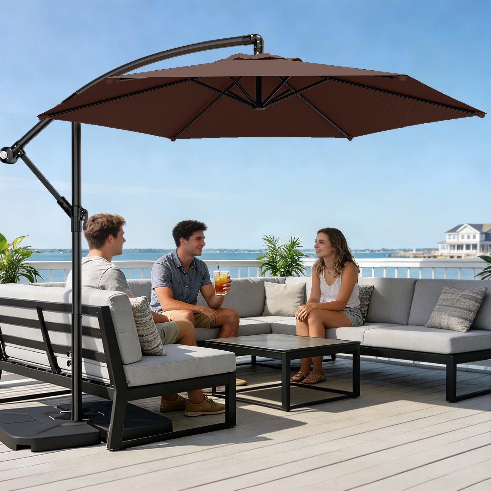 Easthome 10ft Offset Hanging Market Patio Umbrella for Backyard, Poolside, Lawn and Garden w/Easy Tilt Adjustment, Polyester Shade, 6 Ribs