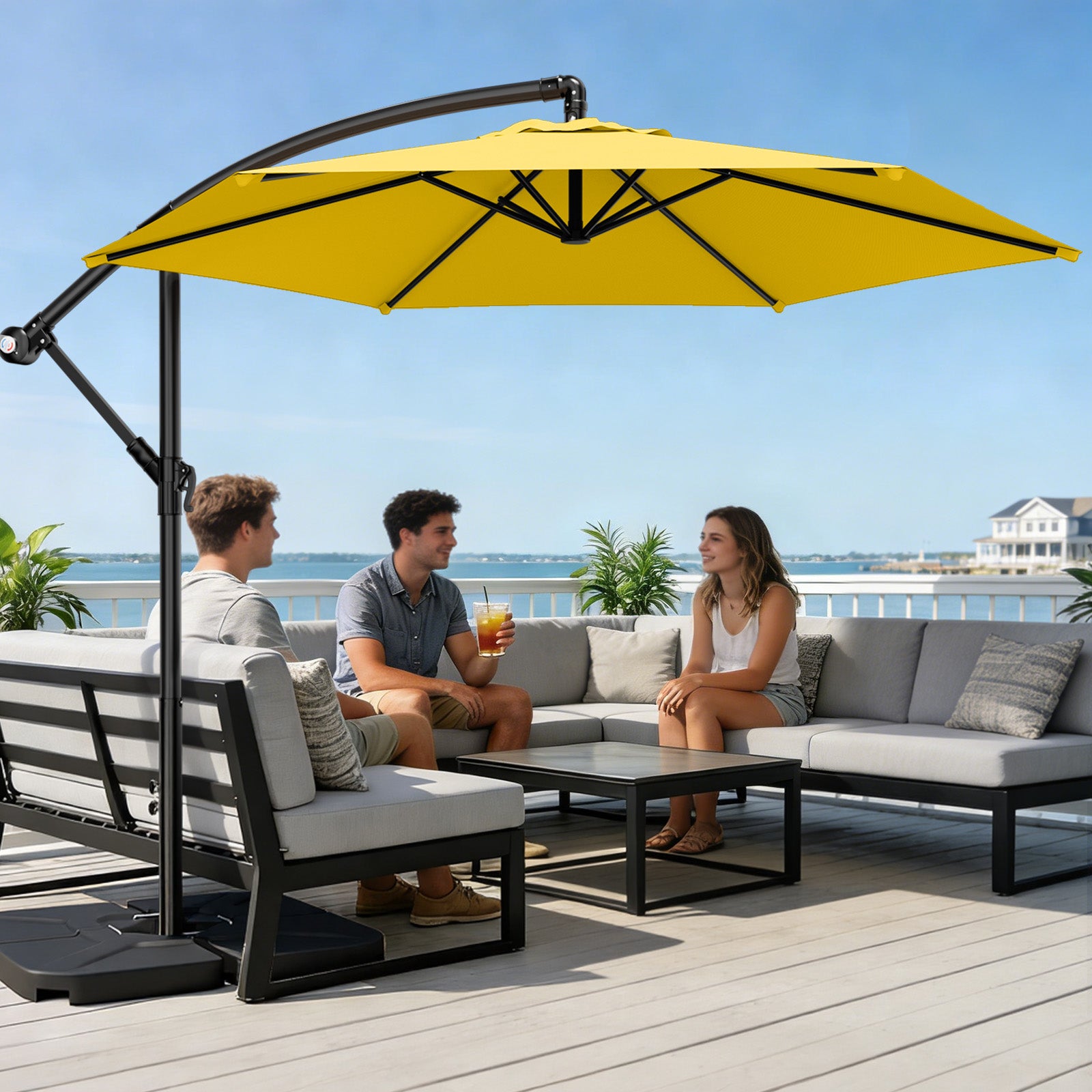 Easthome 10ft Offset Hanging Market Patio Umbrella for Backyard, Poolside, Lawn and Garden w/Easy Tilt Adjustment, Polyester Shade, 6 Ribs