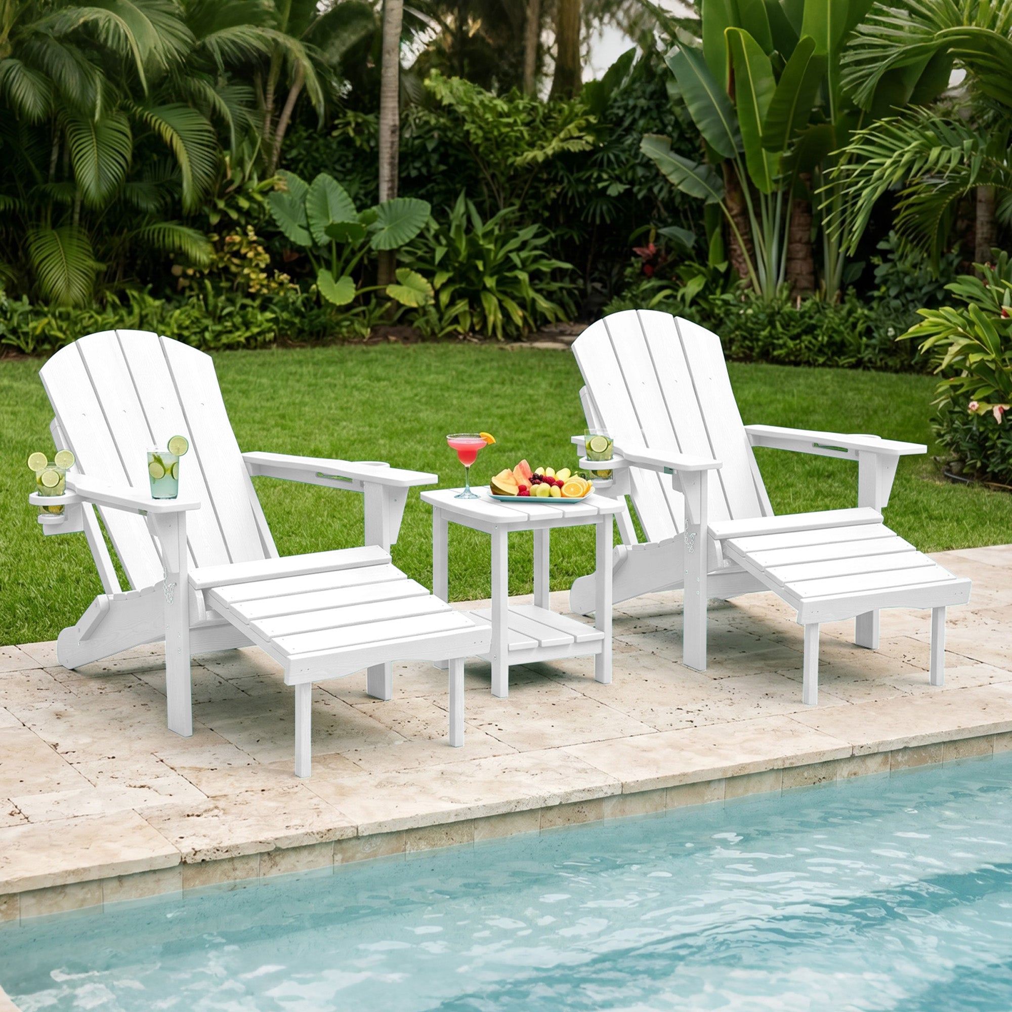 Easthome 4-in-1 Folding Adirondack Rocking Chair with Ottoman & Dual Cup Holders, Wood Texture HDPE All-Weather Outdoor Lounge Chair for Patio, Backyard, Pool