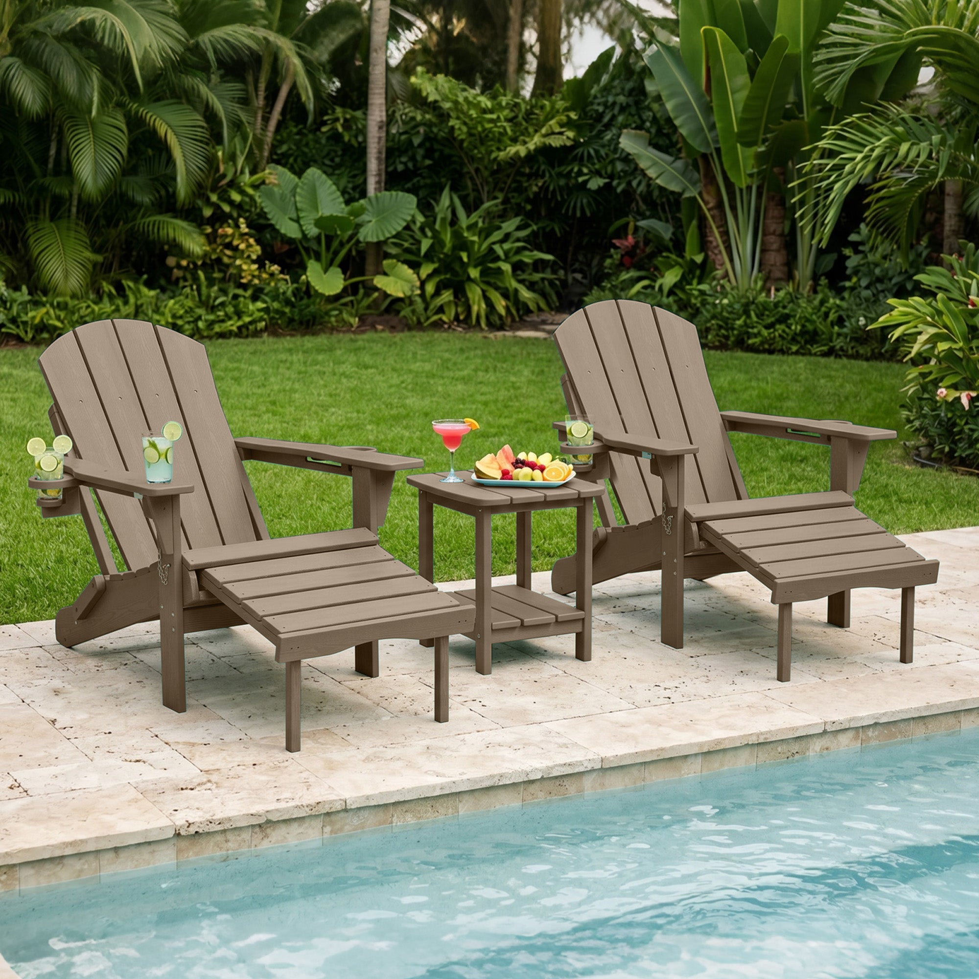 Easthome 4-in-1 Folding Adirondack Rocking Chair with Ottoman & Dual Cup Holders, Wood Texture HDPE All-Weather Outdoor Lounge Chair for Patio, Backyard, Pool