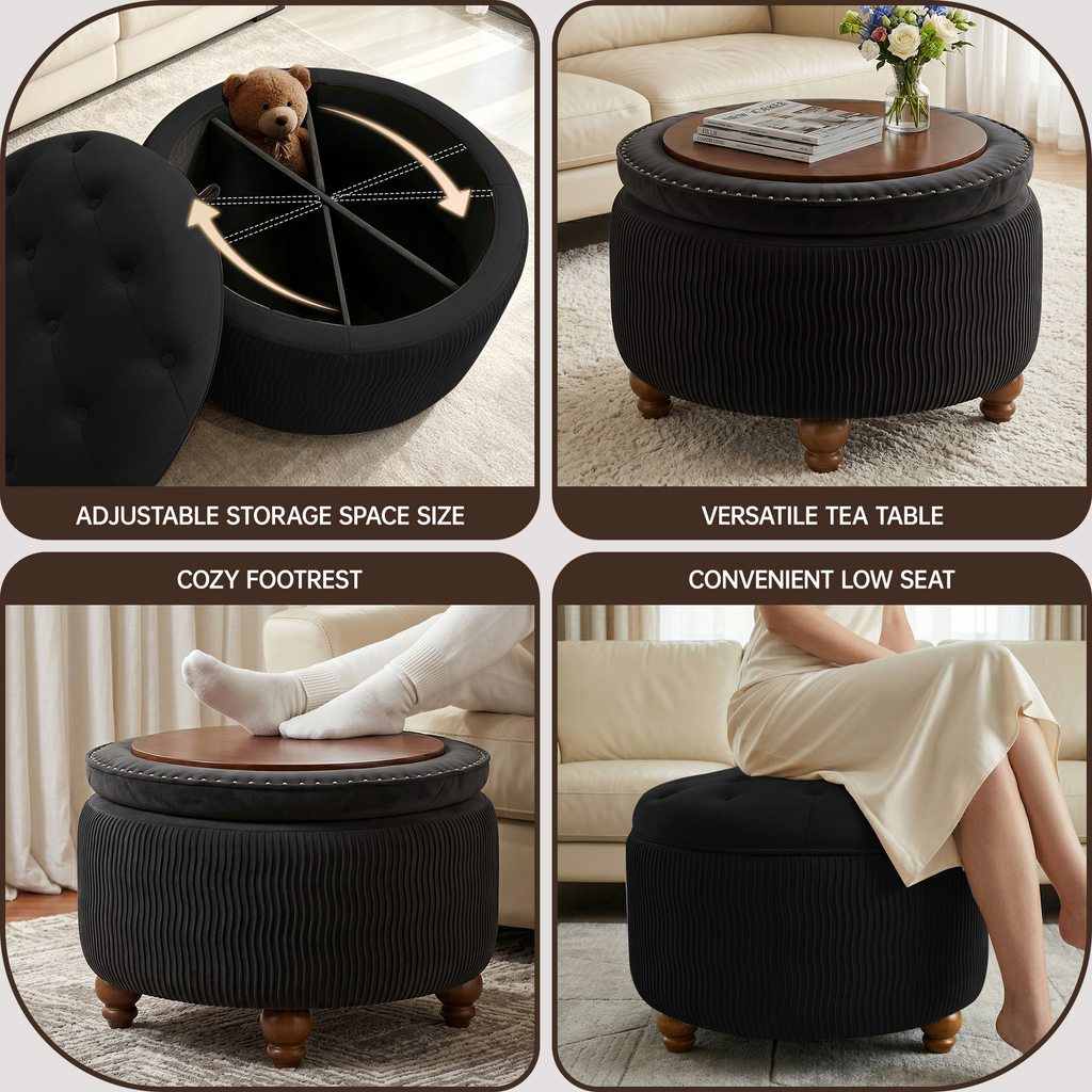 Easthome Round Storage Ottoman, Divided Compartment, Removable Top, Solid Wood Gourd-Shaped Legs, Button Tufted Multi-Function Footrest Bench for Living Room, Bedroom