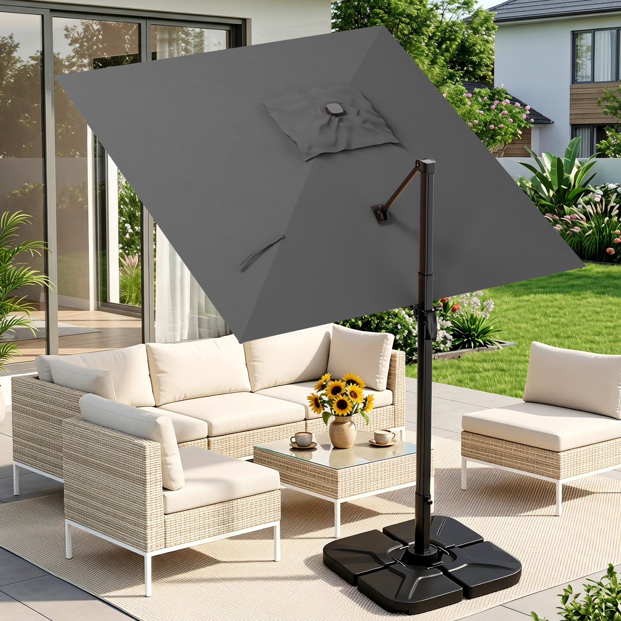 Easthome 10 × 10FT Square Cantilever Patio Umbrella, 360° Rotating Offset Umbrella with Crank, 8 ribs, Outdoor Hanging Roman Umbrella for Garden Deck Backyard