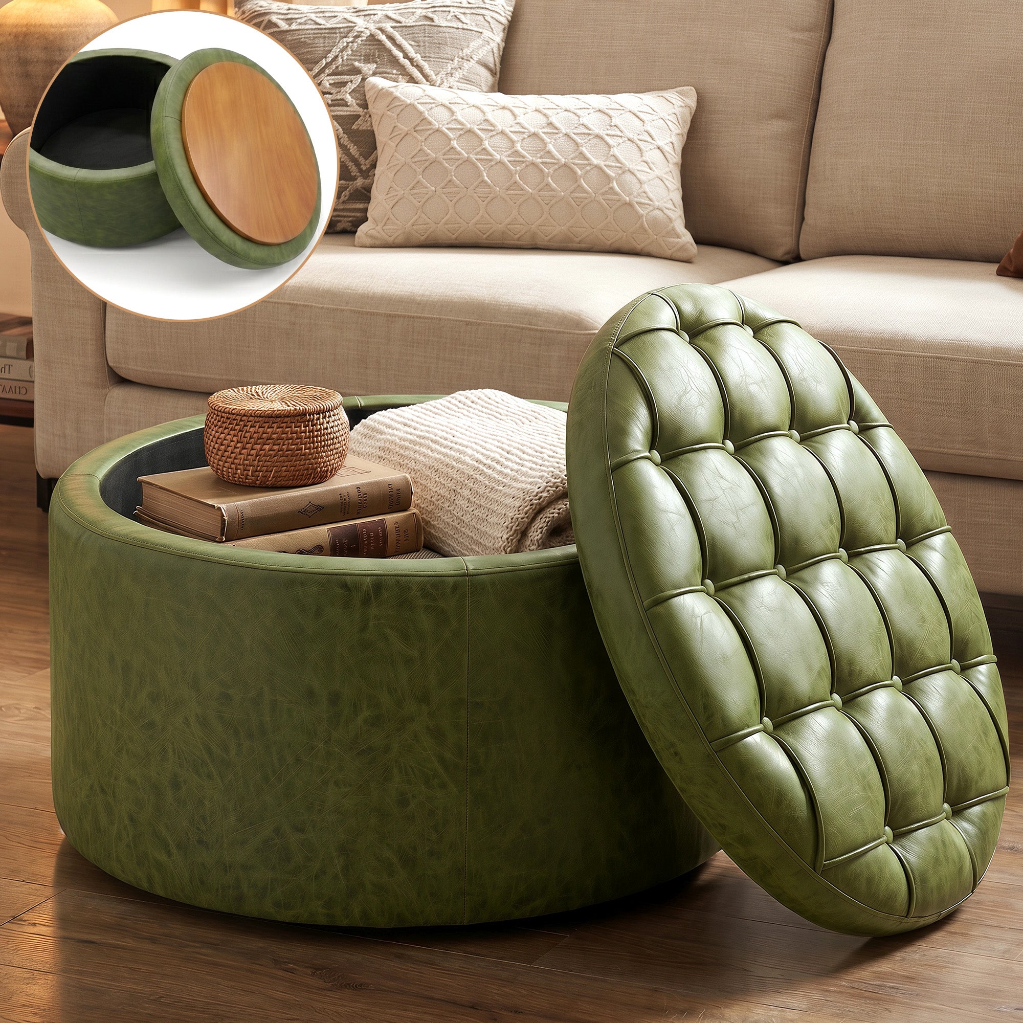 Easthome Multi-Function Round Storage Ottoman with Lockable Casters, Detachable Wood Tray Top, Button Tufted Foot Stool for Living Room Bedroom Study