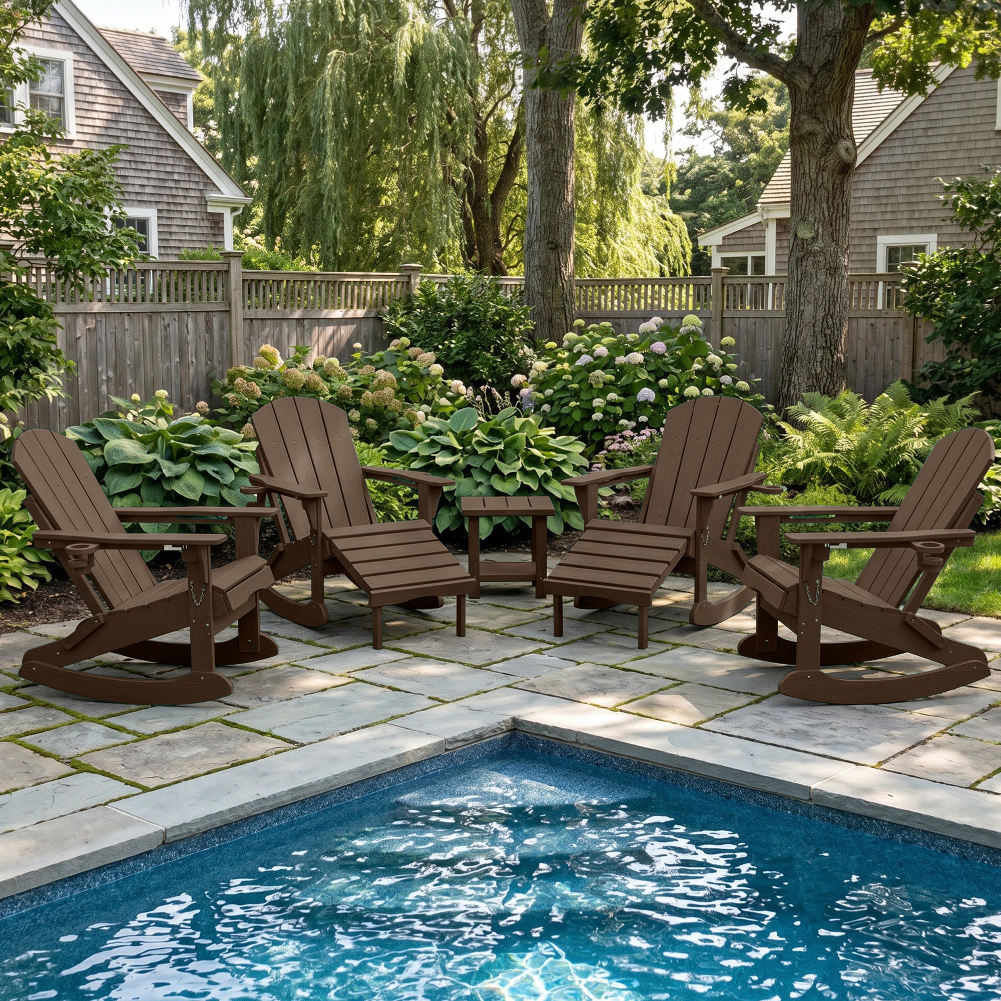 Easthome 4-in-1 Folding Adirondack Rocking Chair with Ottoman & Dual Cup Holders, Wood Texture HDPE All-Weather Outdoor Lounge Chair for Patio, Backyard, Pool