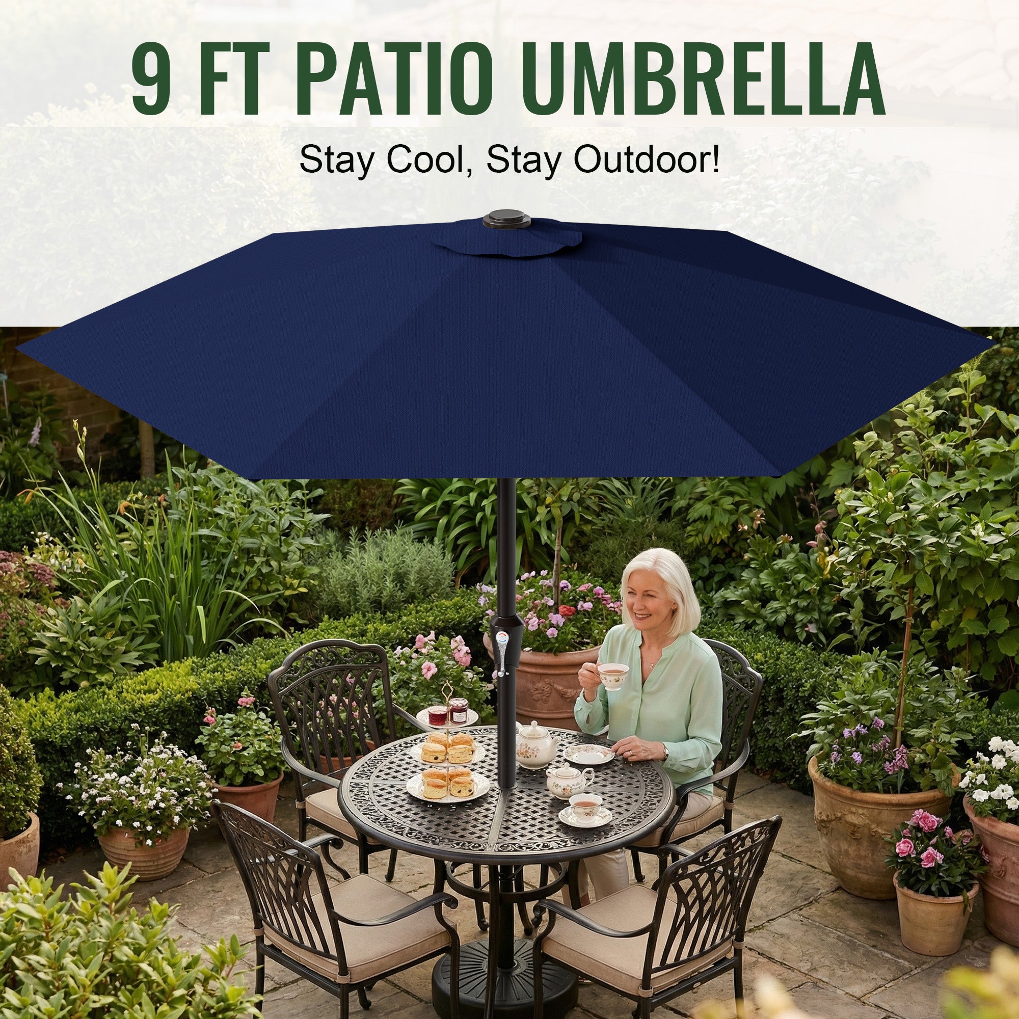 Easthome 9ft Patio Umbrella with Crank Lift System & 6 Sturdy Ribs Waterproof, Patio Table Umbrella Perfect for Poolside, Terrace, Beach and Outdoor Restaurant
