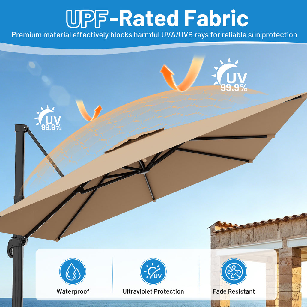 Easthome 10 × 10FT Square Cantilever Patio Umbrella, 360° Rotating Offset Umbrella with Crank, 8 ribs, Outdoor Hanging Roman Umbrella for Garden Deck Backyard