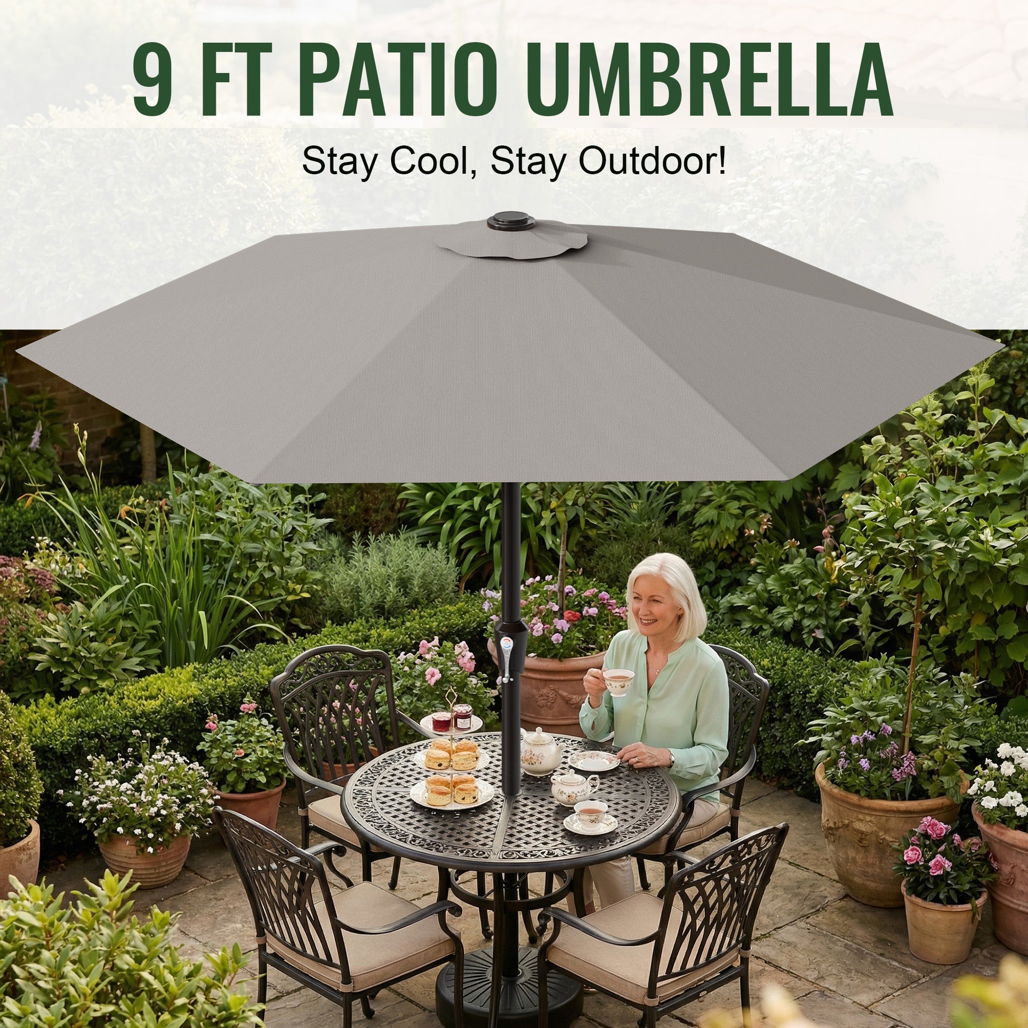 Easthome 9ft Patio Umbrella with Crank Lift System & 6 Sturdy Ribs Waterproof, Patio Table Umbrella Perfect for Poolside, Terrace, Beach and Outdoor Restaurant