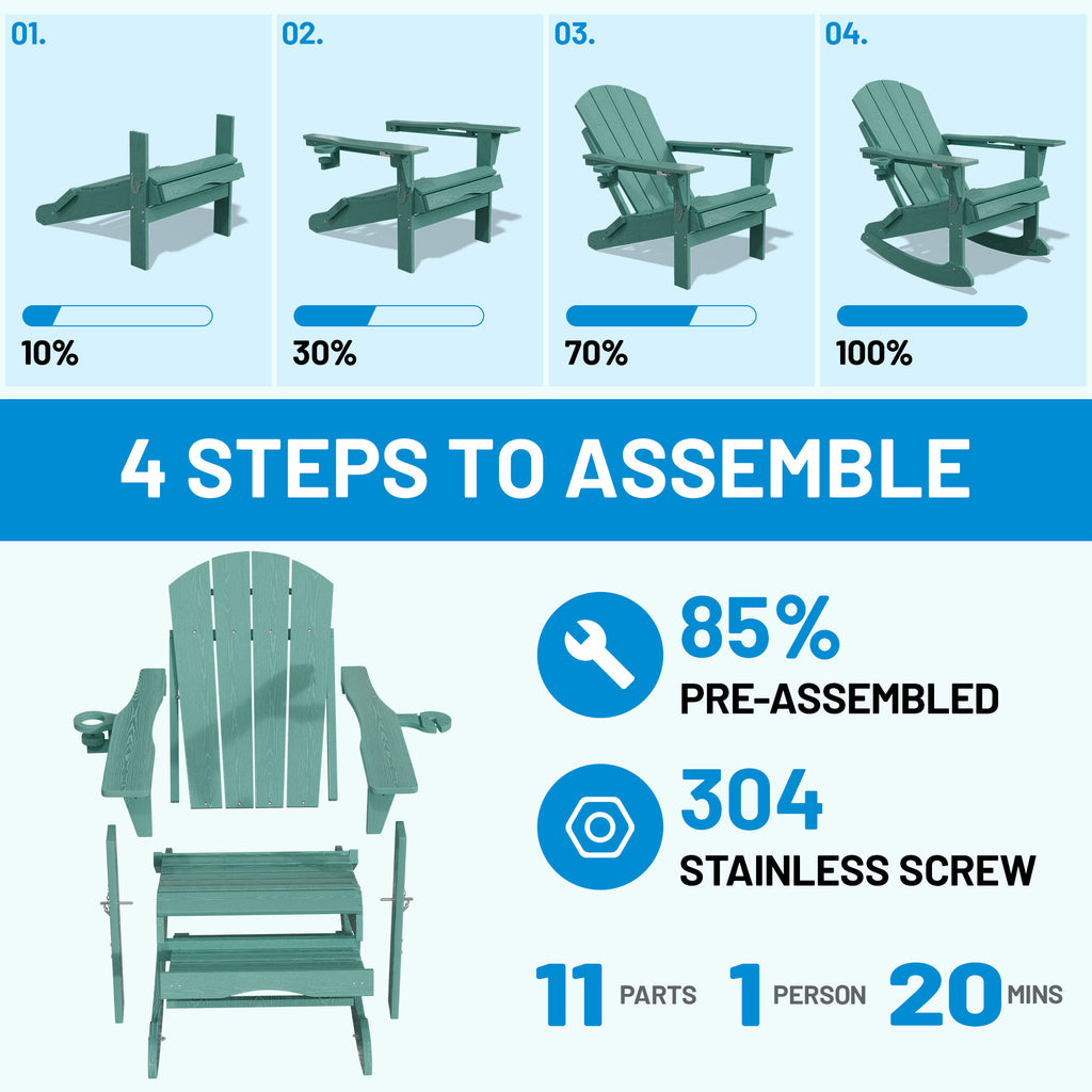 Easthome 4-in-1 Folding Adirondack Rocking Chair with Ottoman & Dual Cup Holders, Wood Texture HDPE All-Weather Outdoor Lounge Chair for Patio, Backyard, Pool
