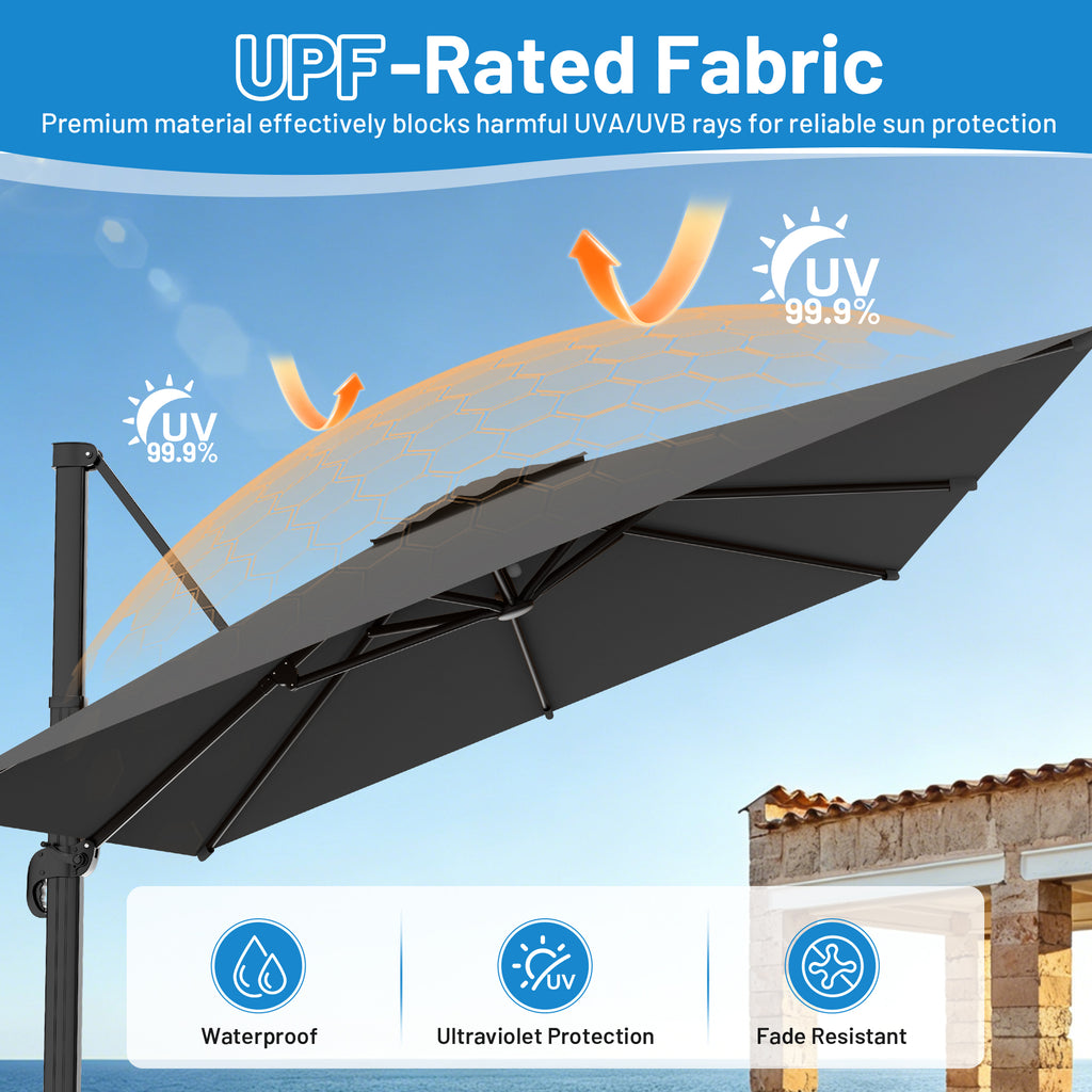 Easthome 10 × 10FT Square Cantilever Patio Umbrella, 360° Rotating Offset Umbrella with Crank, 8 ribs, Outdoor Hanging Roman Umbrella for Garden Deck Backyard