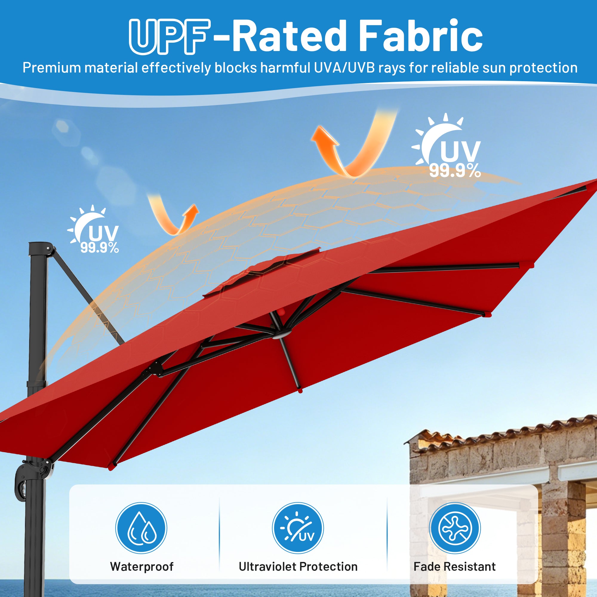 Easthome 10 × 10FT Square Cantilever Patio Umbrella, 360° Rotating Offset Umbrella with Crank, 8 ribs, Outdoor Hanging Roman Umbrella for Garden Deck Backyard