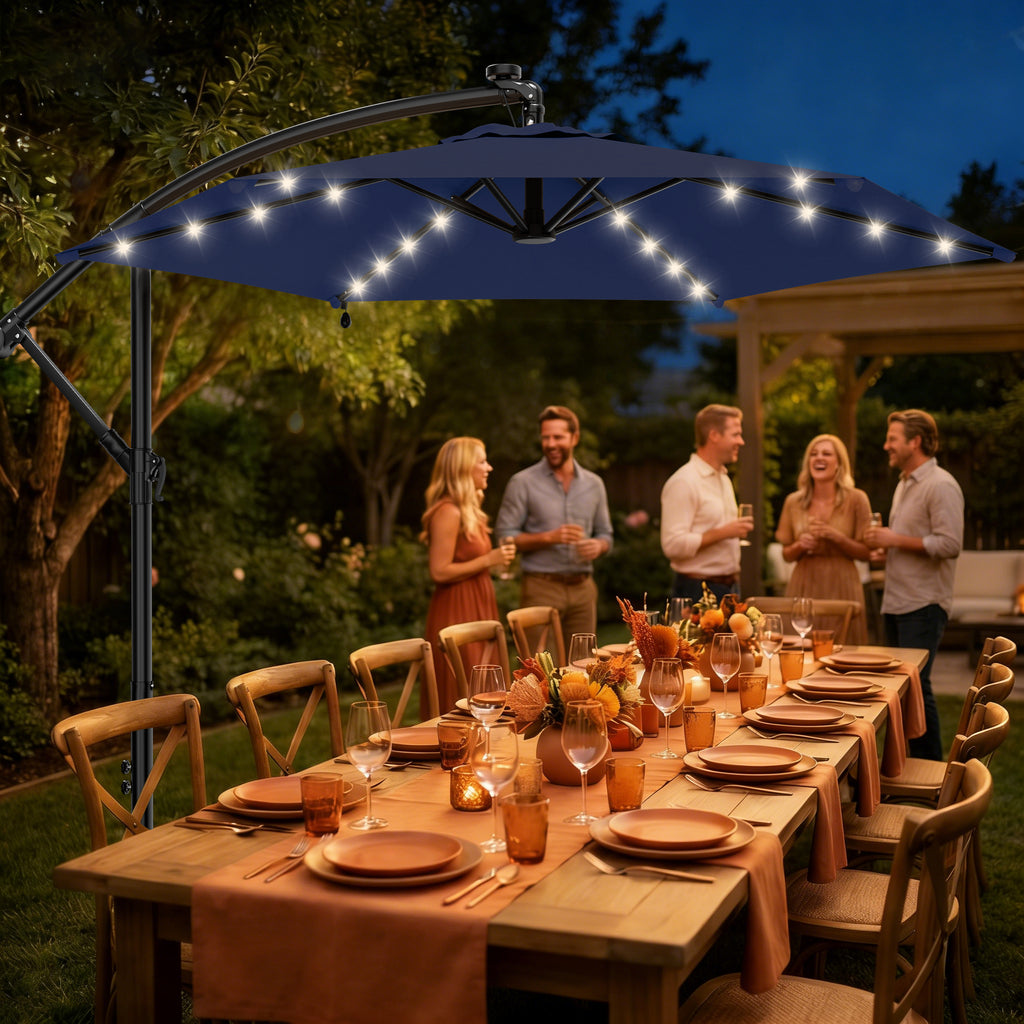 Easthome 10ft Solar LED Offset Hanging Market Patio Umbrella for Backyard, Poolside, Lawn and Garden w/Easy Tilt Adjustment, Polyester Shade, 6 Ribs