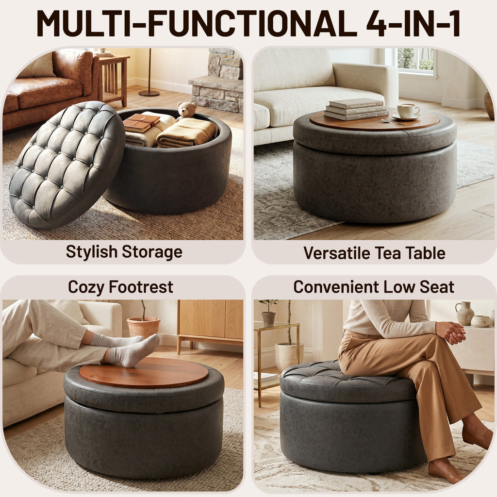 Easthome Multi-Function Round Storage Ottoman with Lockable Casters, Detachable Wood Tray Top, Button Tufted Foot Stool for Living Room Bedroom Study