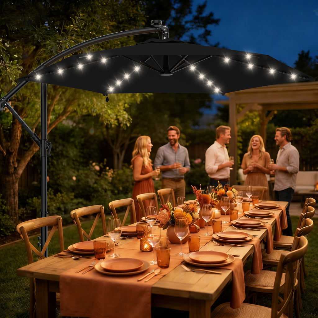 Easthome 10ft Solar LED Offset Hanging Market Patio Umbrella for Backyard, Poolside, Lawn and Garden w/Easy Tilt Adjustment, Polyester Shade, 6 Ribs