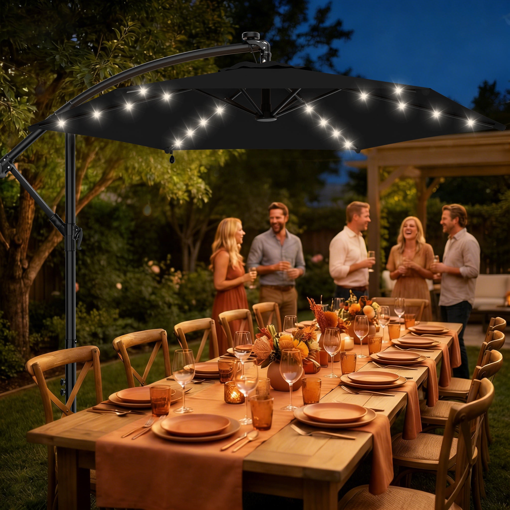 Easthome 10ft Solar LED Offset Hanging Market Patio Umbrella for Backyard, Poolside, Lawn and Garden w/Easy Tilt Adjustment, Polyester Shade, 6 Ribs