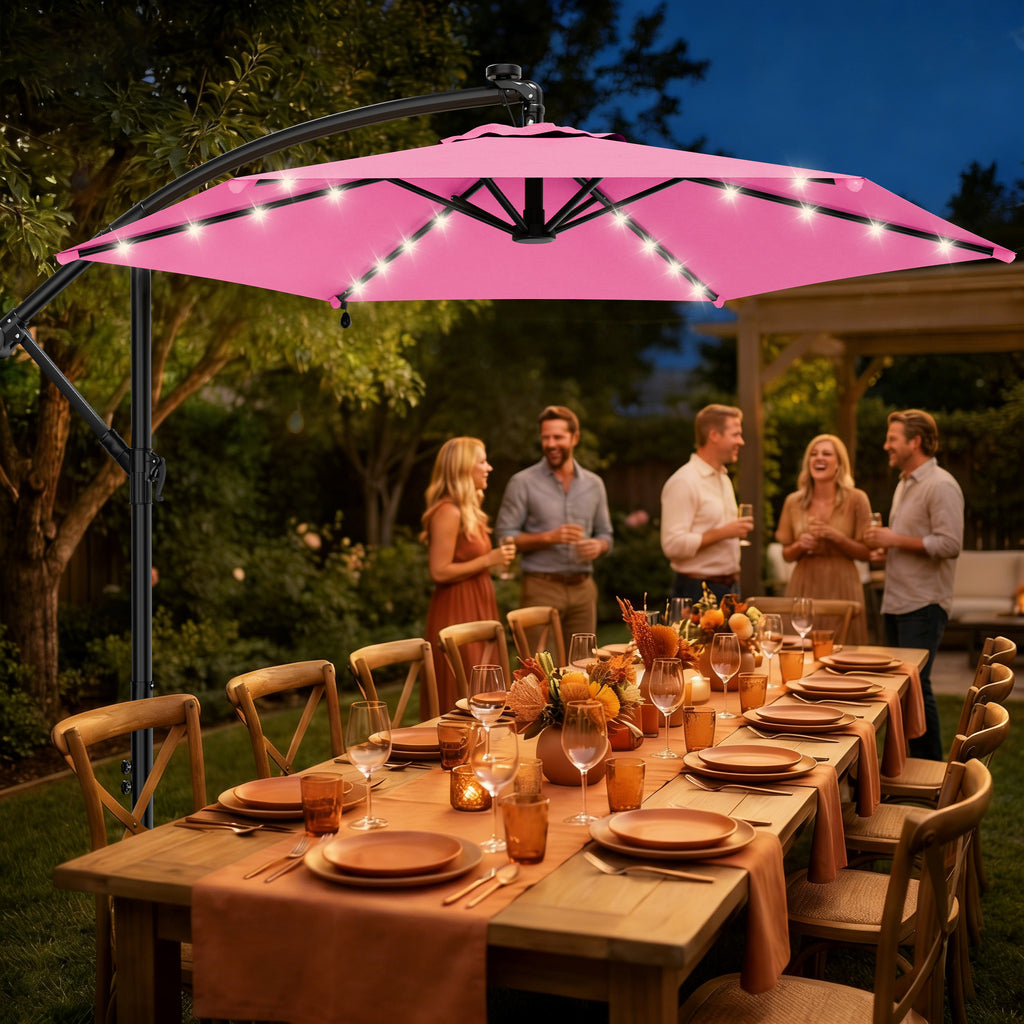 Easthome 10ft Solar LED Offset Hanging Market Patio Umbrella for Backyard, Poolside, Lawn and Garden w/Easy Tilt Adjustment, Polyester Shade, 6 Ribs