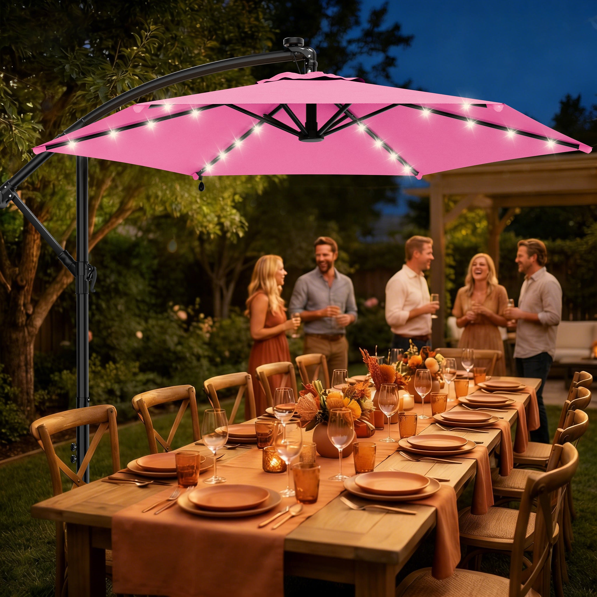 Easthome 10ft Solar LED Offset Hanging Market Patio Umbrella for Backyard, Poolside, Lawn and Garden w/Easy Tilt Adjustment, Polyester Shade, 6 Ribs