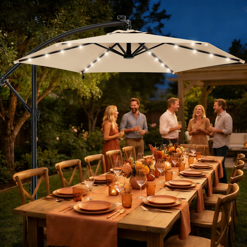 Easthome 10ft Solar LED Offset Hanging Market Patio Umbrella for Backyard, Poolside, Lawn and Garden w/Easy Tilt Adjustment, Polyester Shade, 6 Ribs