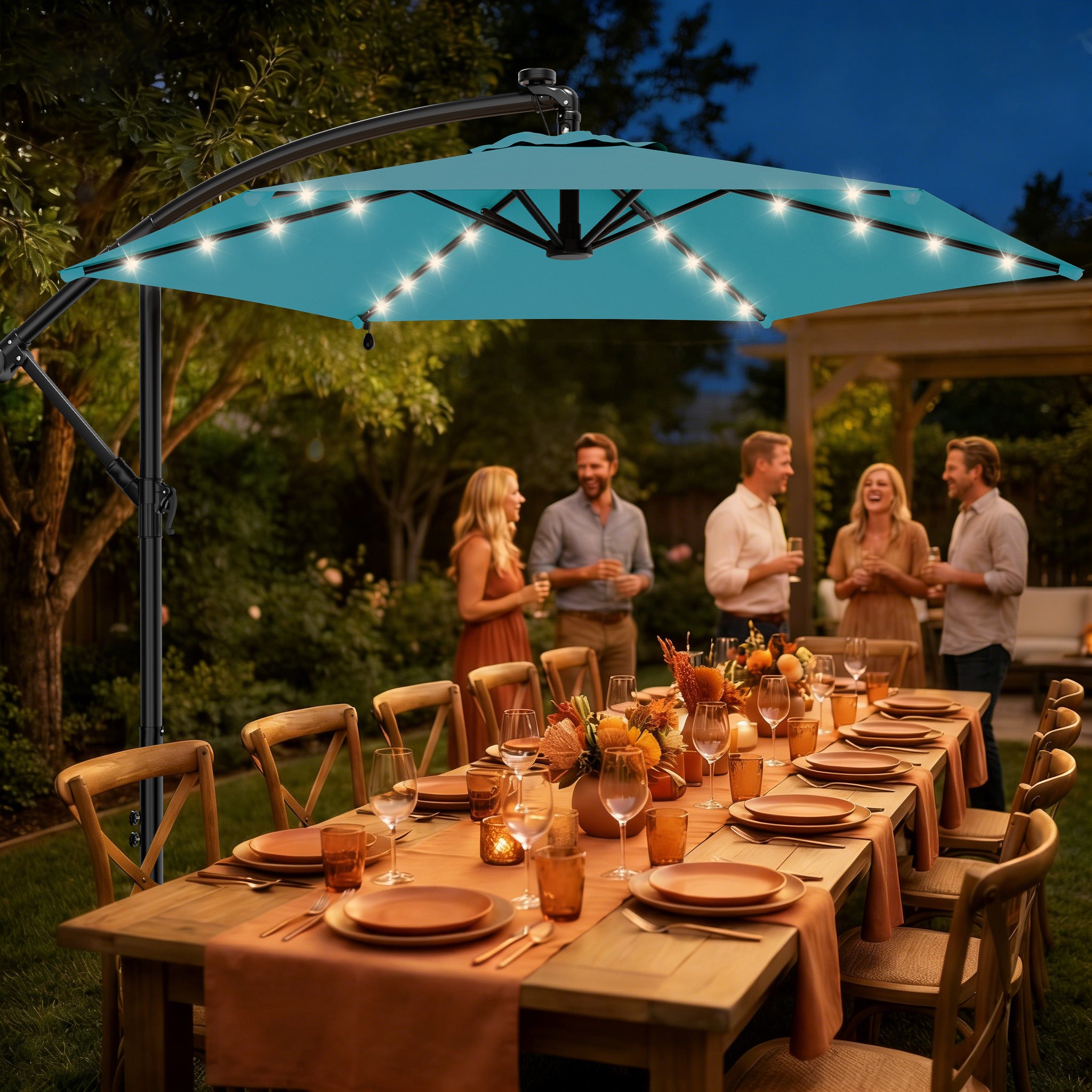 Easthome 10ft Solar LED Offset Hanging Market Patio Umbrella for Backyard, Poolside, Lawn and Garden w/Easy Tilt Adjustment, Polyester Shade, 6 Ribs
