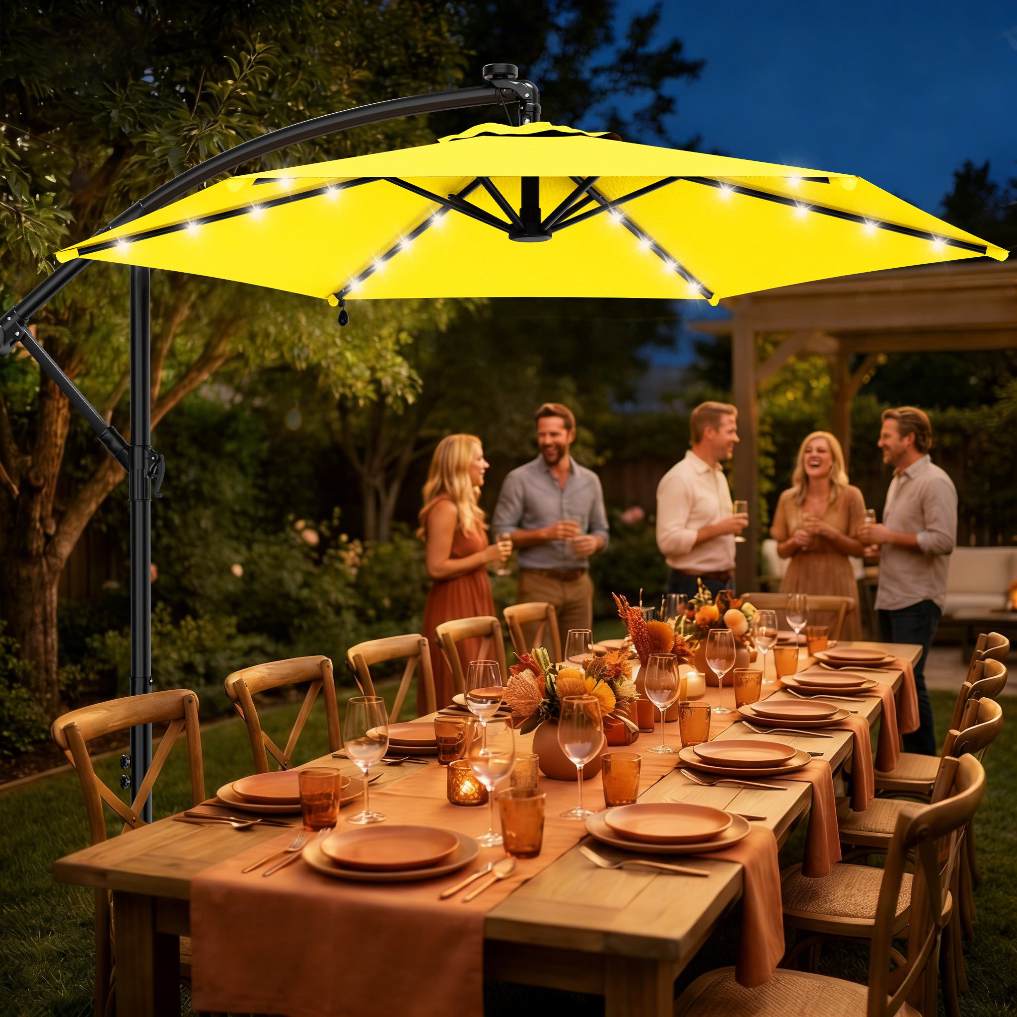 Easthome 10ft Solar LED Offset Hanging Market Patio Umbrella for Backyard, Poolside, Lawn and Garden w/Easy Tilt Adjustment, Polyester Shade, 6 Ribs