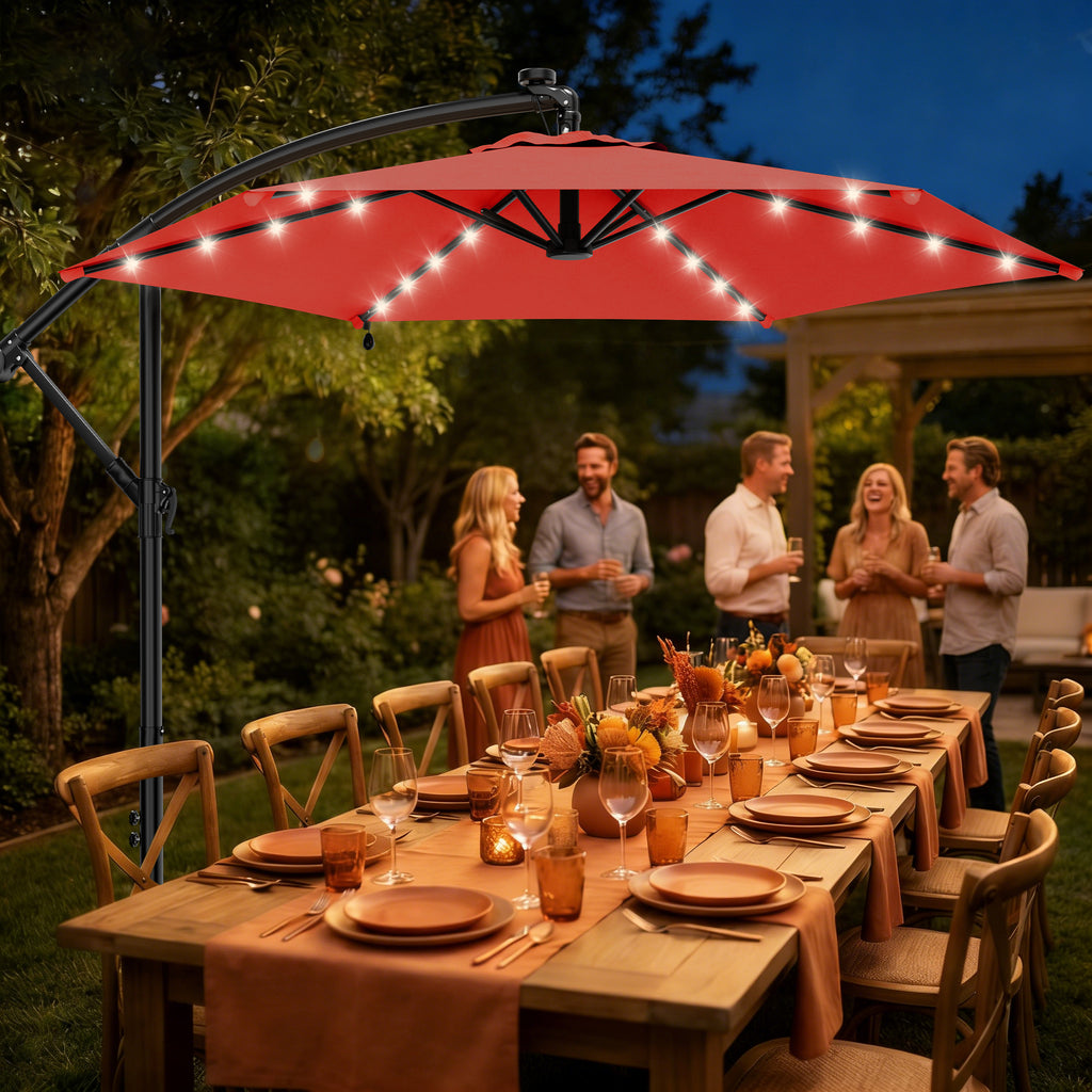 Easthome 10ft Solar LED Offset Hanging Market Patio Umbrella for Backyard, Poolside, Lawn and Garden w/Easy Tilt Adjustment, Polyester Shade, 6 Ribs