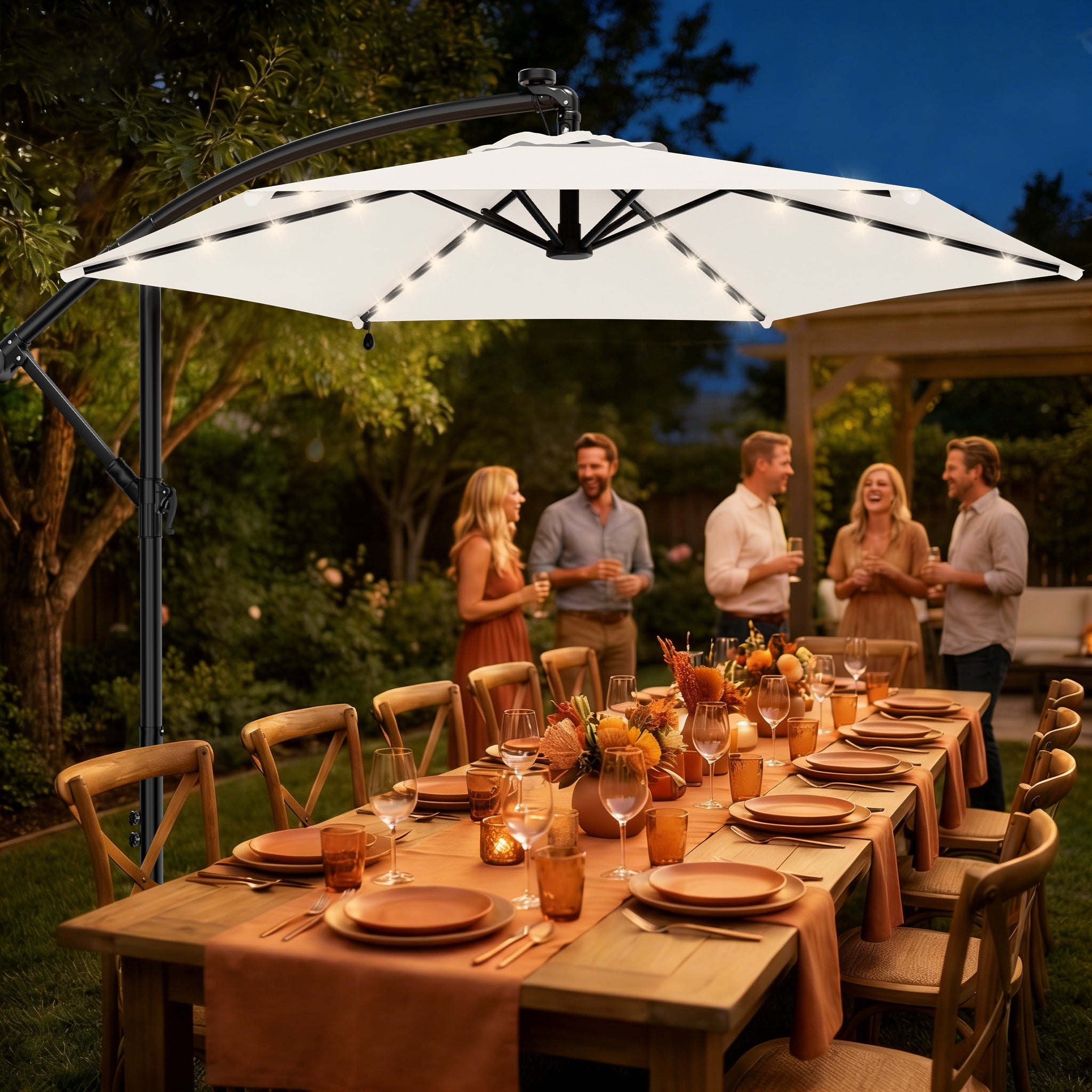 Easthome 10ft Solar LED Offset Hanging Market Patio Umbrella for Backyard, Poolside, Lawn and Garden w/Easy Tilt Adjustment, Polyester Shade, 6 Ribs