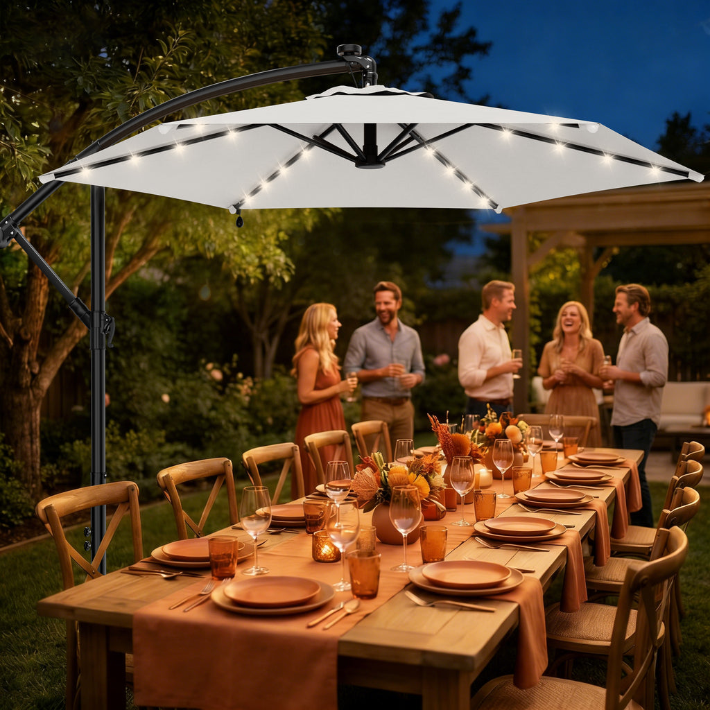 Easthome 10ft Solar LED Offset Hanging Market Patio Umbrella for Backyard, Poolside, Lawn and Garden w/Easy Tilt Adjustment, Polyester Shade, 6 Ribs